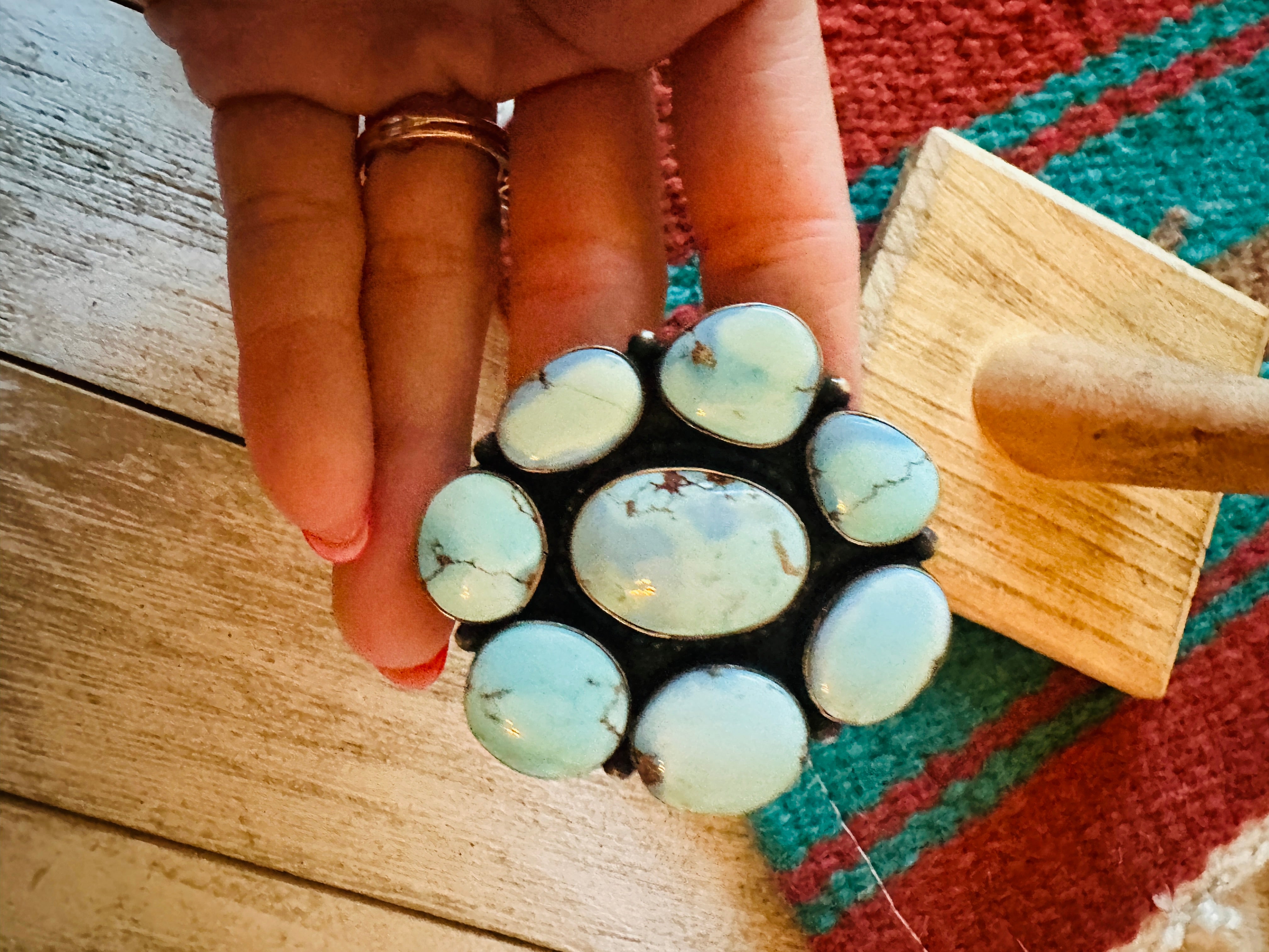 Navajo Golden Hills Turquoise & Sterling Silver Cluster Ring Size 7.5