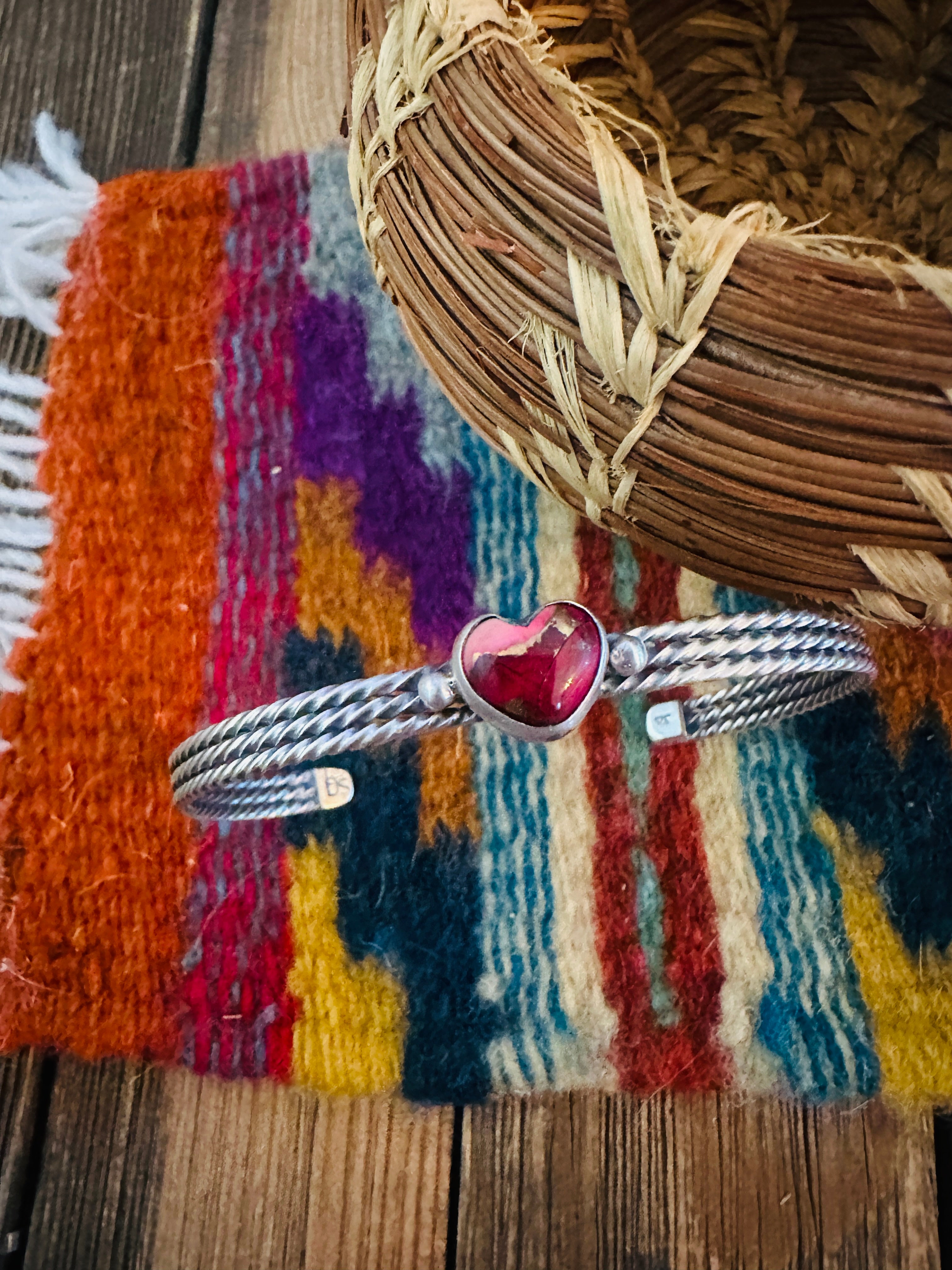 Handcrafted Rose Dahlia & Sterling Silver Heart Cuff Bracelet