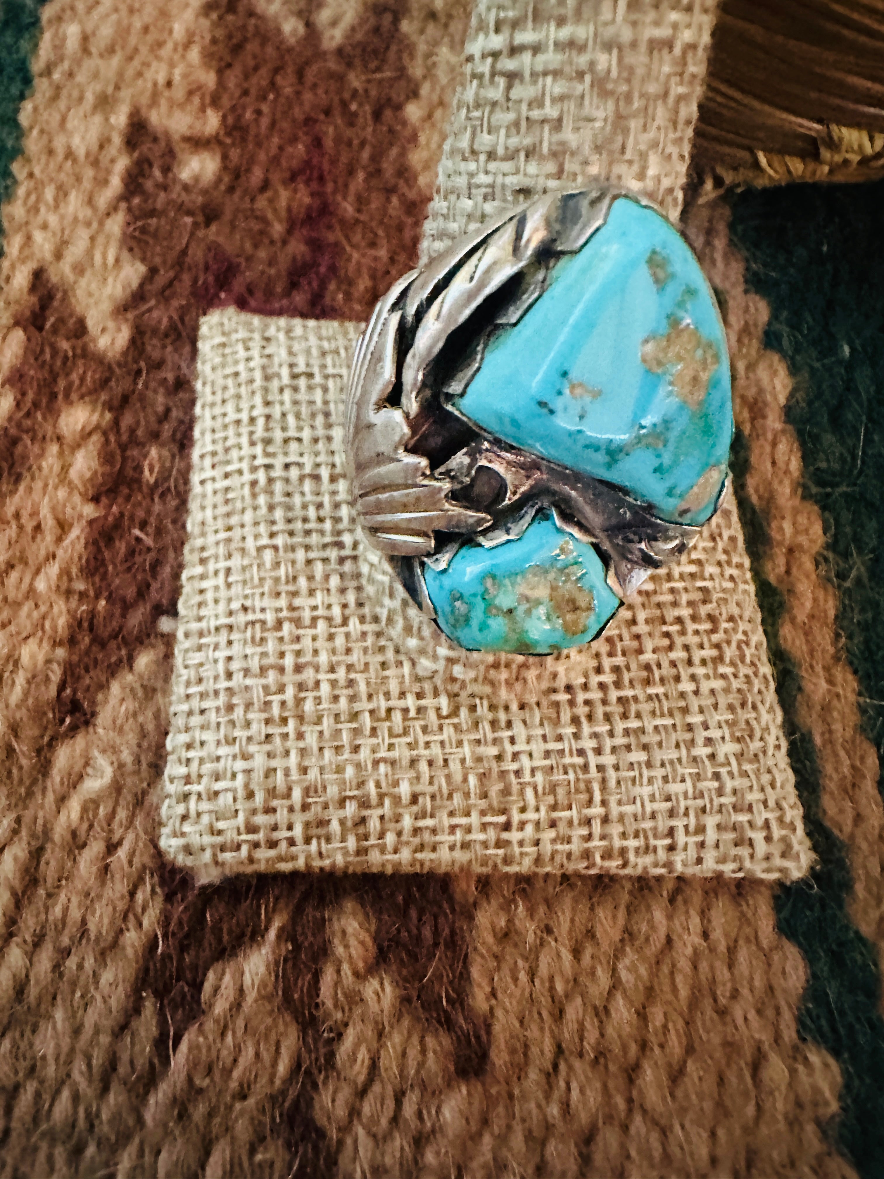 Handcrafted Old Pawn Turquoise and Sterling Silver Ring Size 10.5