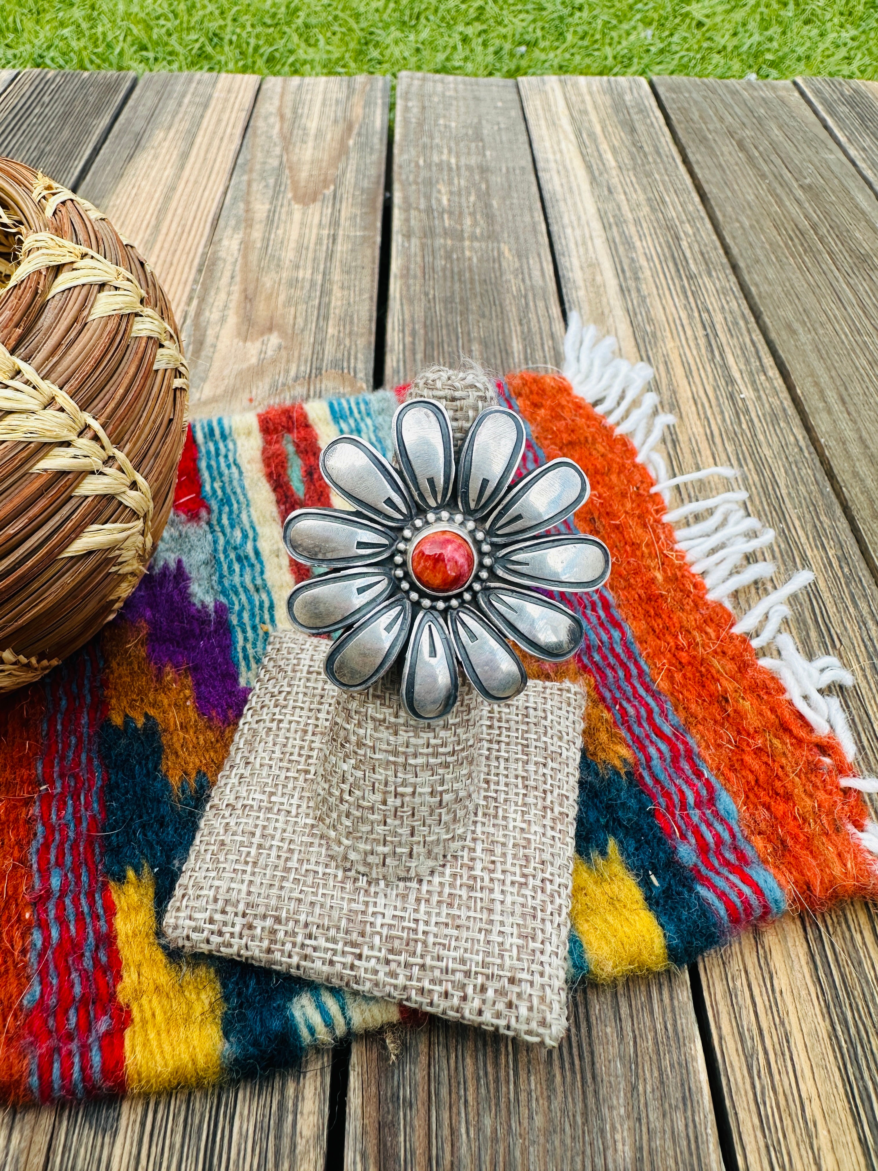 Handcrafted Spiny Oyster & Sterling Silver Flower Ring Size 6 by Paul Livingston