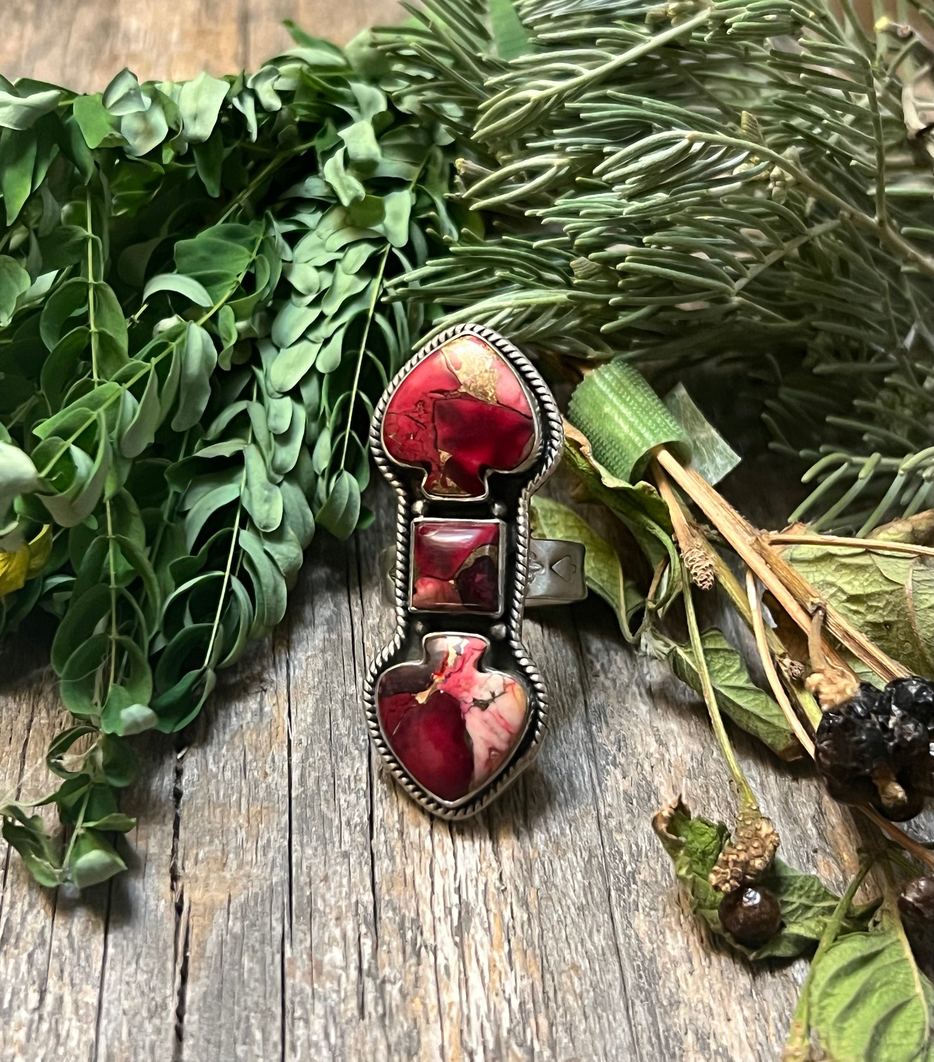 Handmade Rose Dahlia 3 Stone & Sterling Silver Adjustable Ring