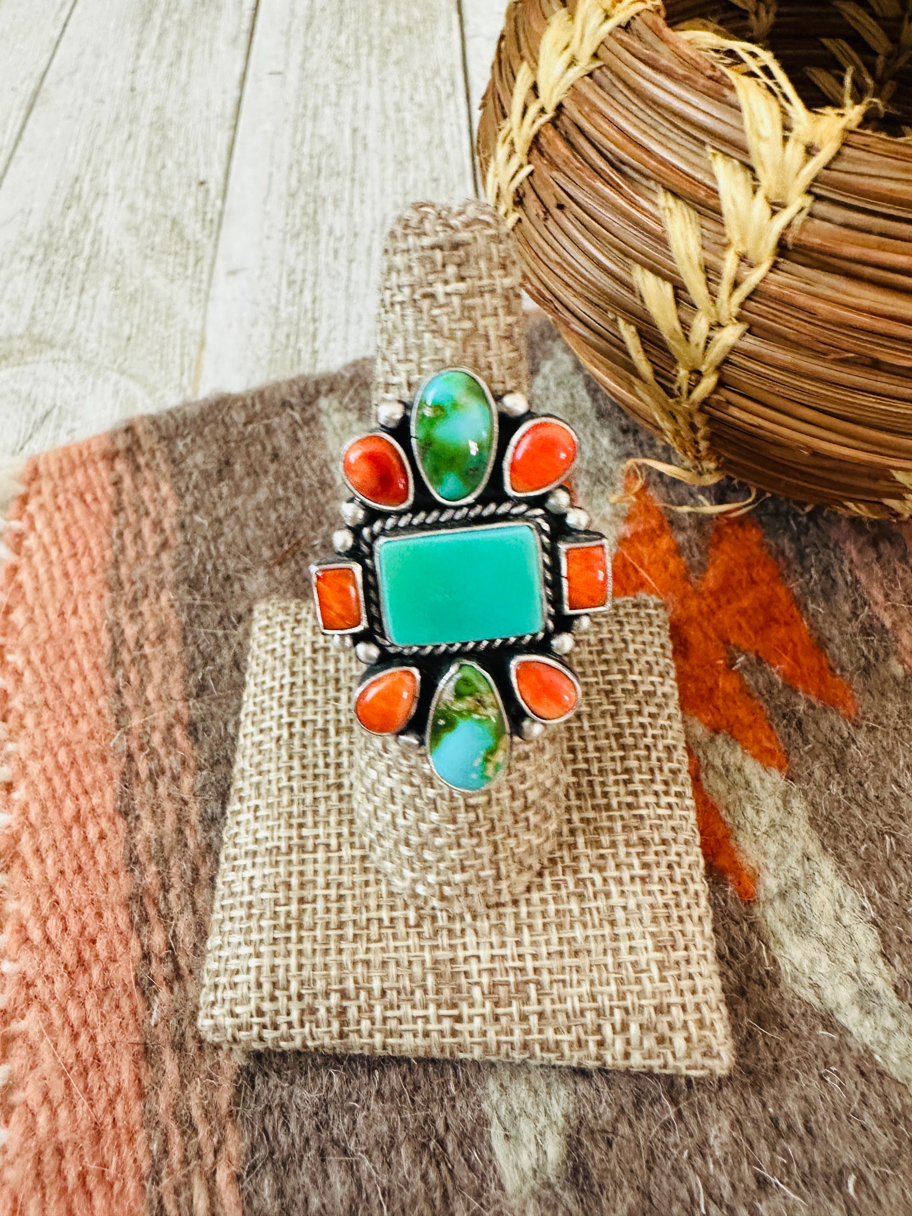 Navajo Sterling Silver, Turquoise & Spiny Oyster Ring by Bernyse Chavez and Angela Martin, Size 8