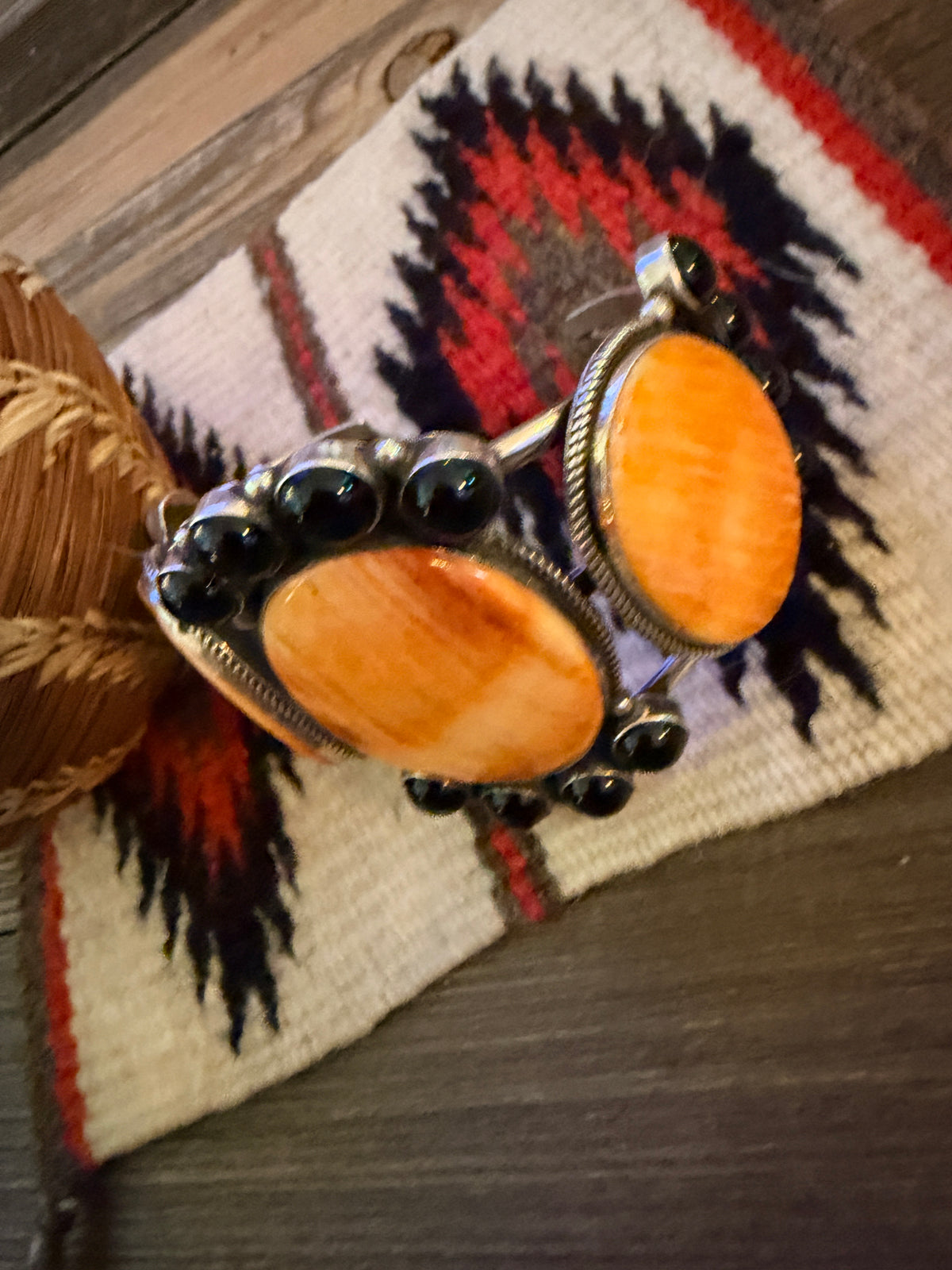 Handcrafted Orange Spiny, Onyx & Sterling Silver Cuff Bracelet by Lorenzo Arviso Jr.