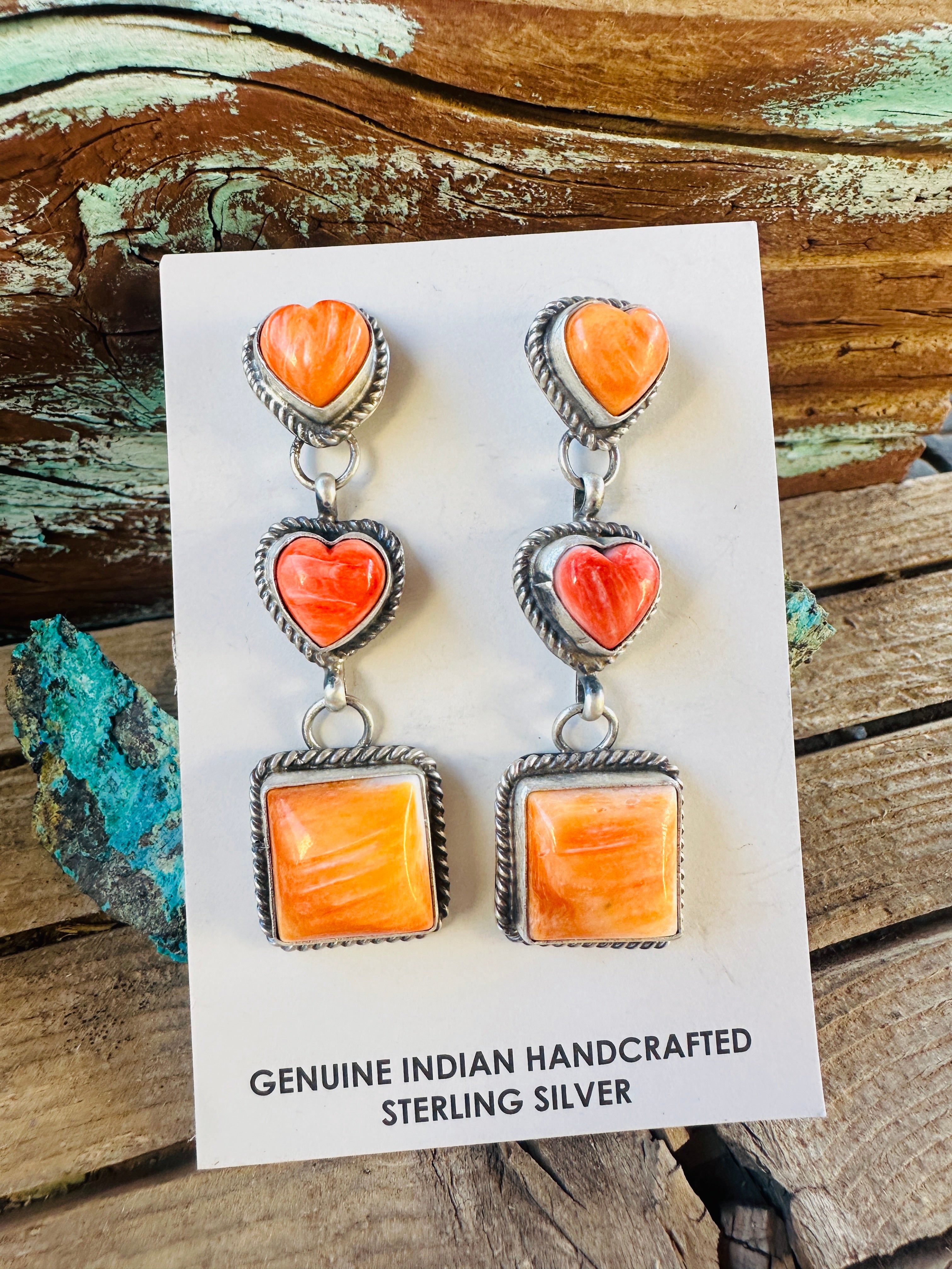 Handcrafted Spiny Oyster & Sterling Silver Heart Dangle Earrings by Vicky Hicks