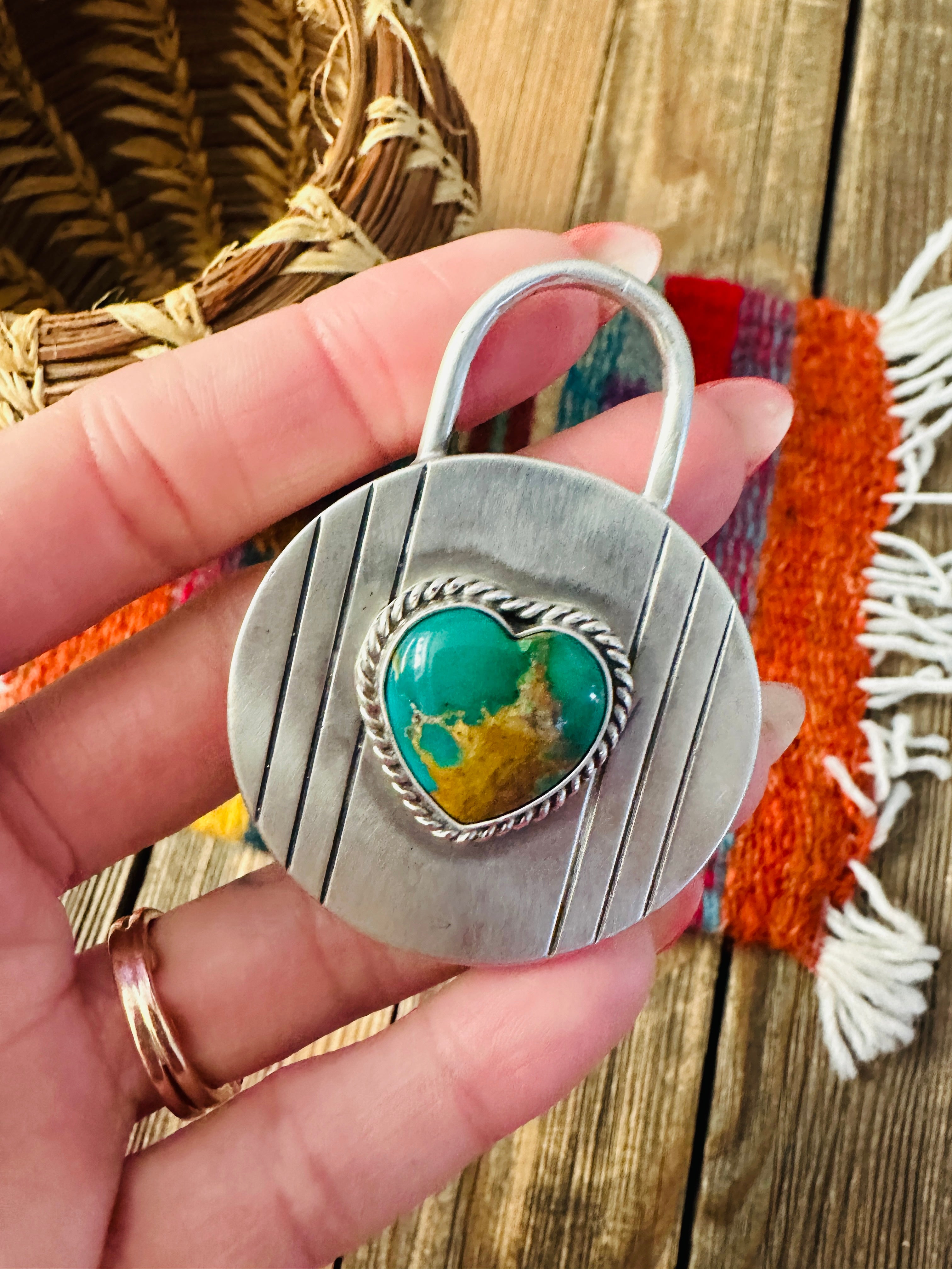 Handcrafted Turquoise & Sterling Silver Heart Locket Style Pendant by Charles Johnson