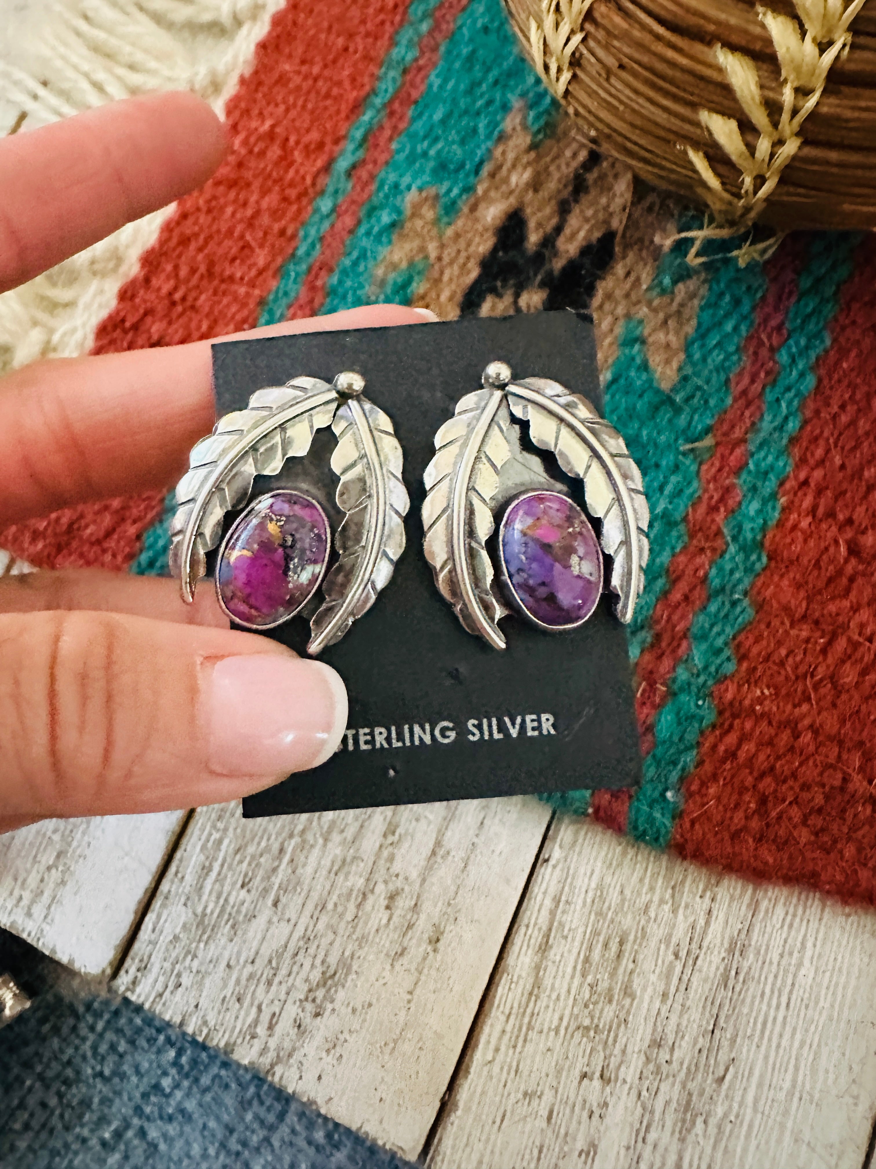 Navajo Pink Mojave & Sterling Silver Leaf Post Earrings