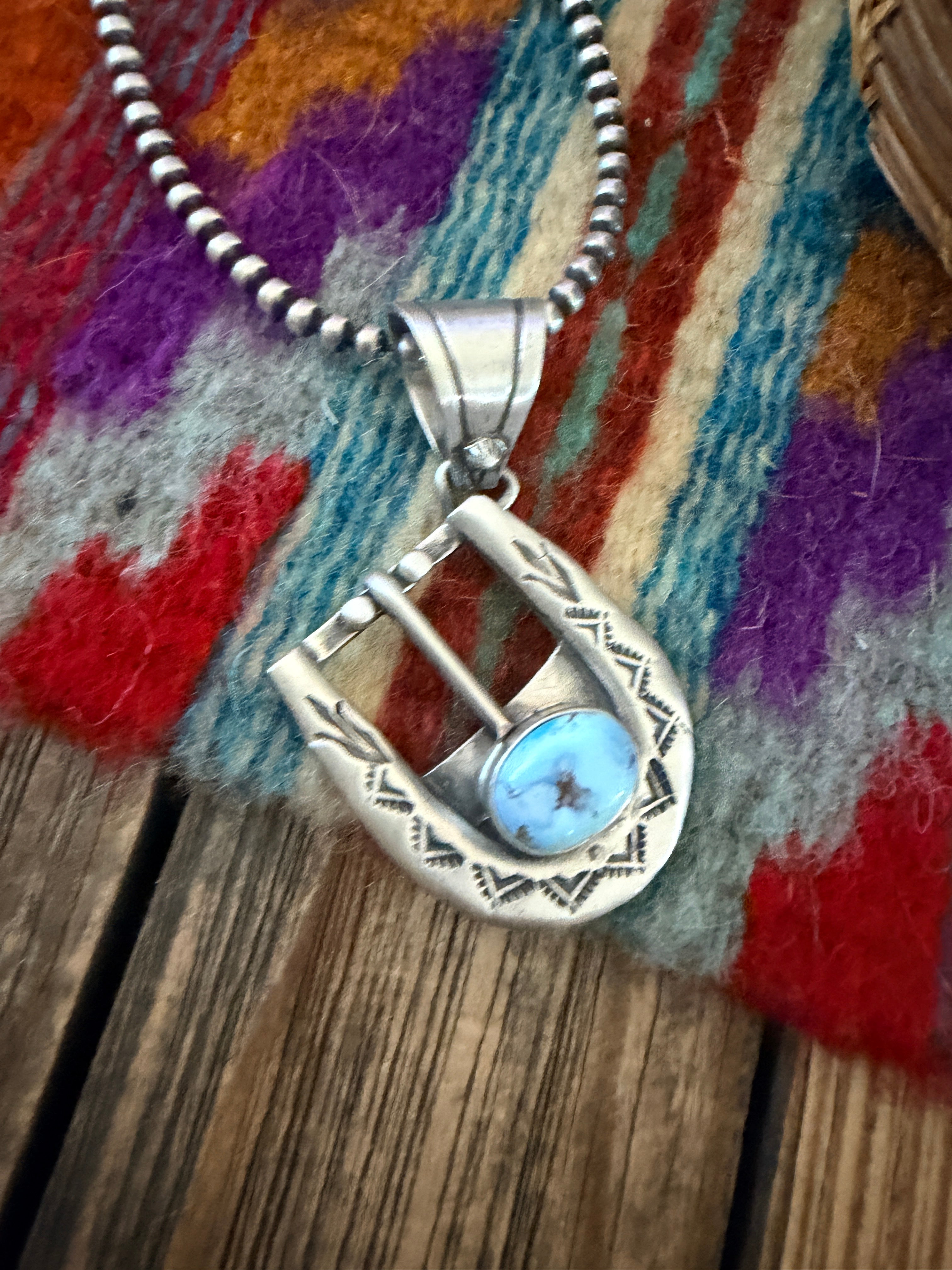 Handcrafted Sterling Silver & Turquoise Belt Buckle Pendant by Leroy James