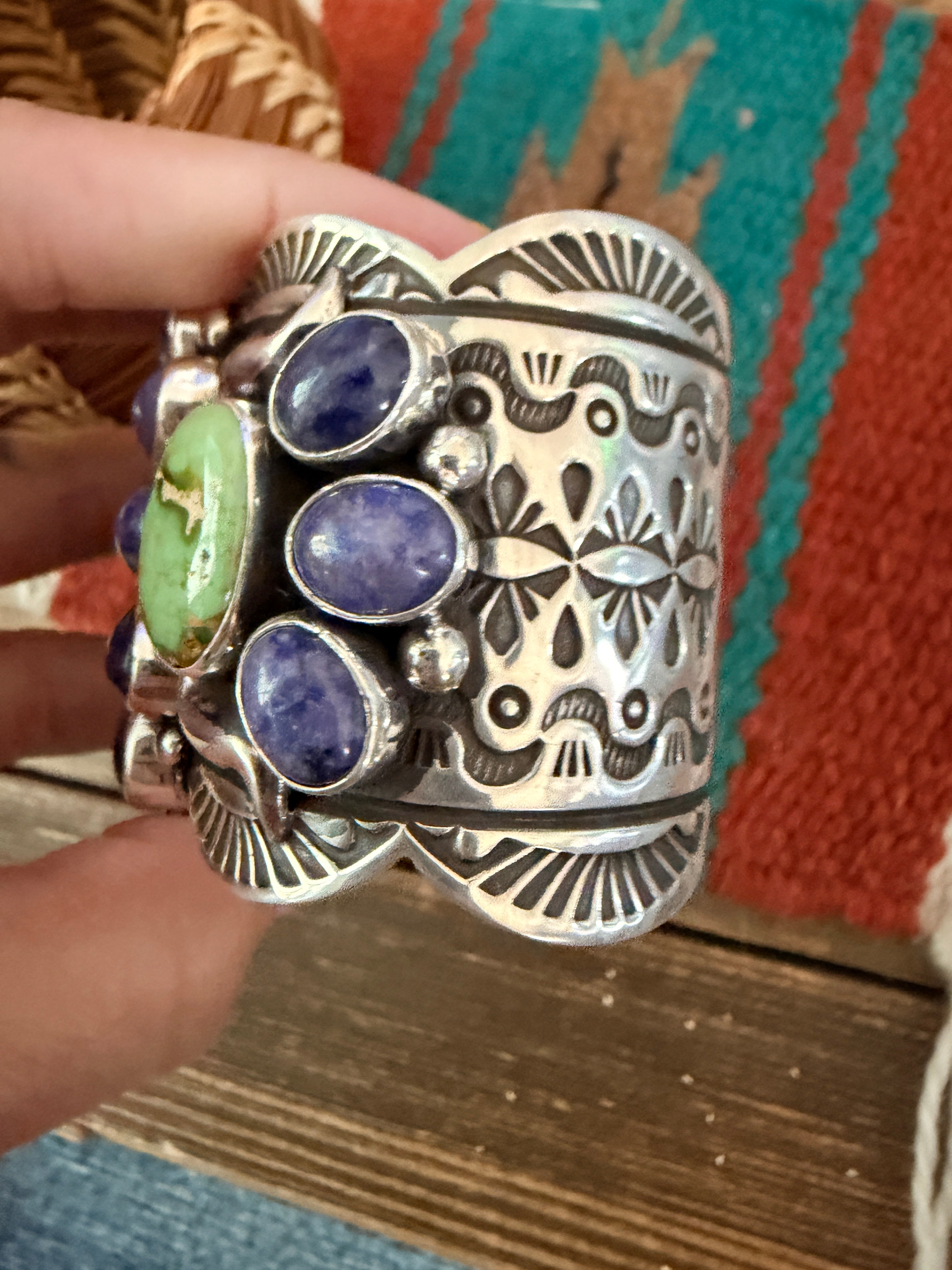 Handcrafted Sterling Silver, Charoite & Turquoise Cuff Bracelet by Albert Jake