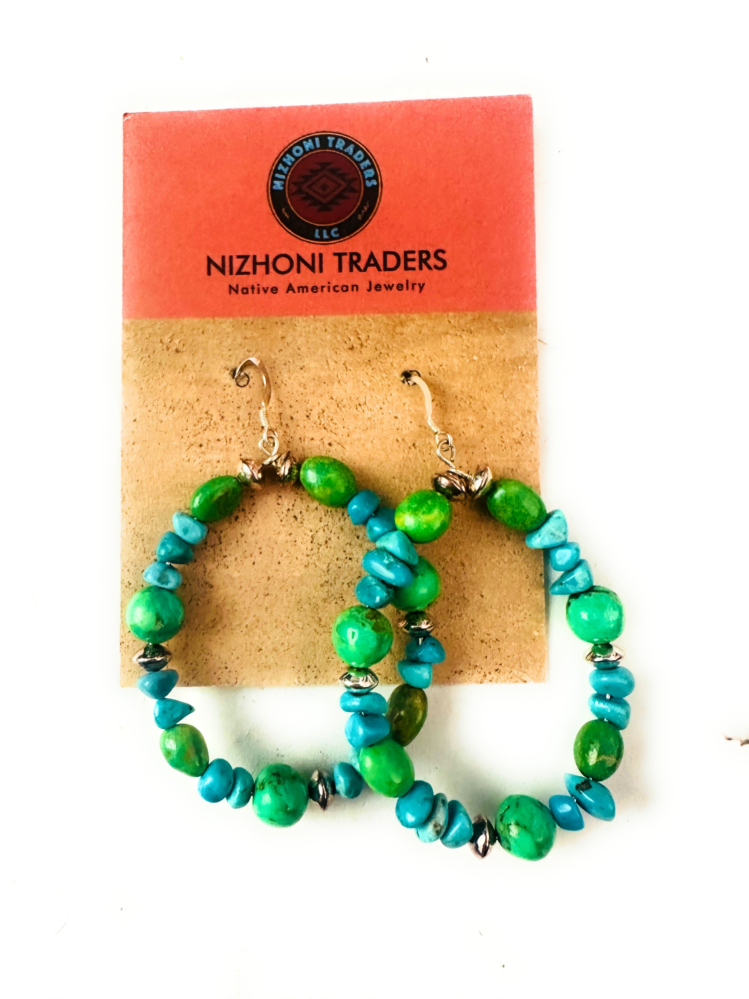 Handcrafted Kingman Turquoise & Sterling Silver Beaded Hoop Earrings