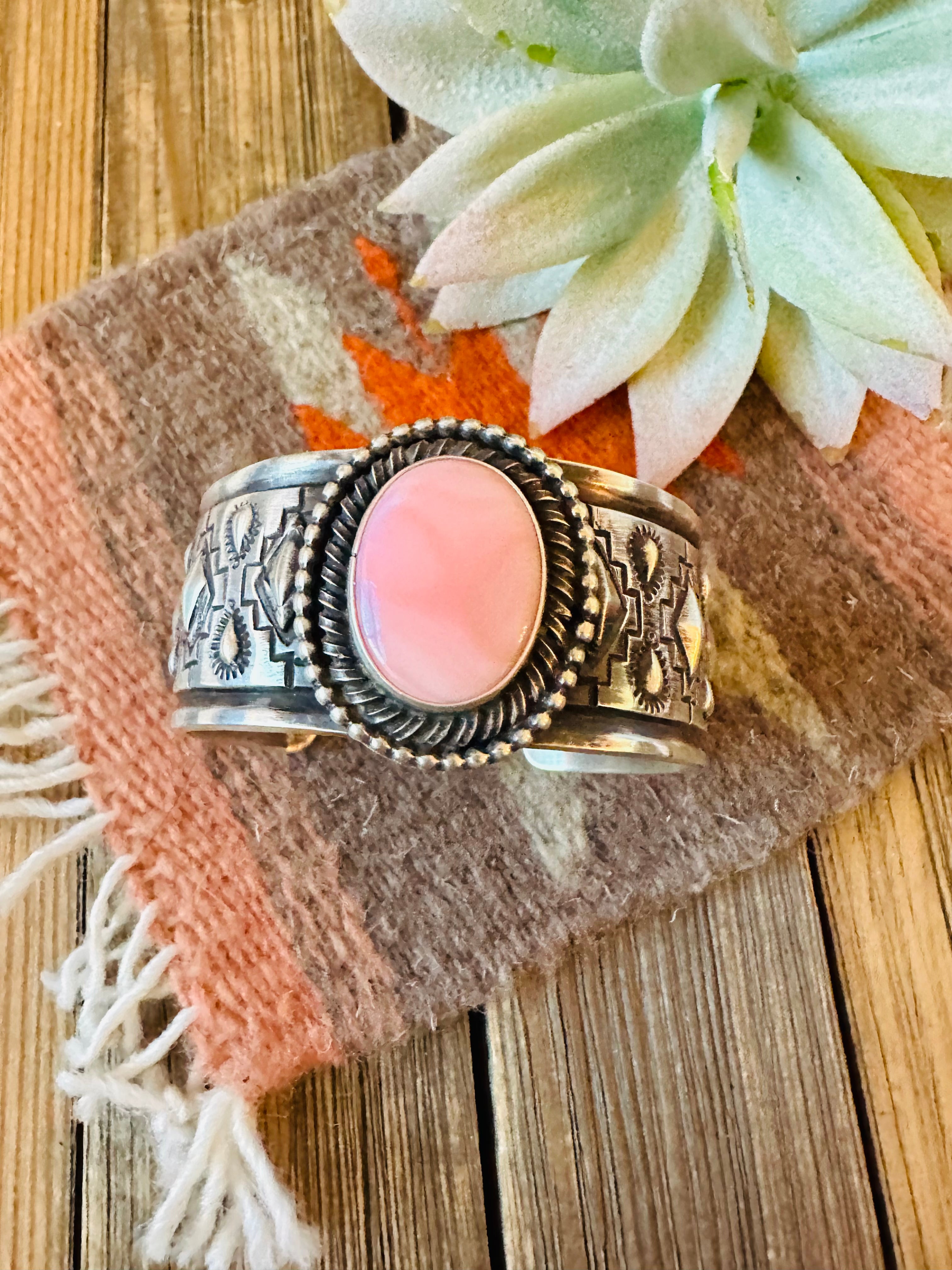 Handcrafted Queen Pink Conch Shell & Sterling Silver Cuff Bracelet