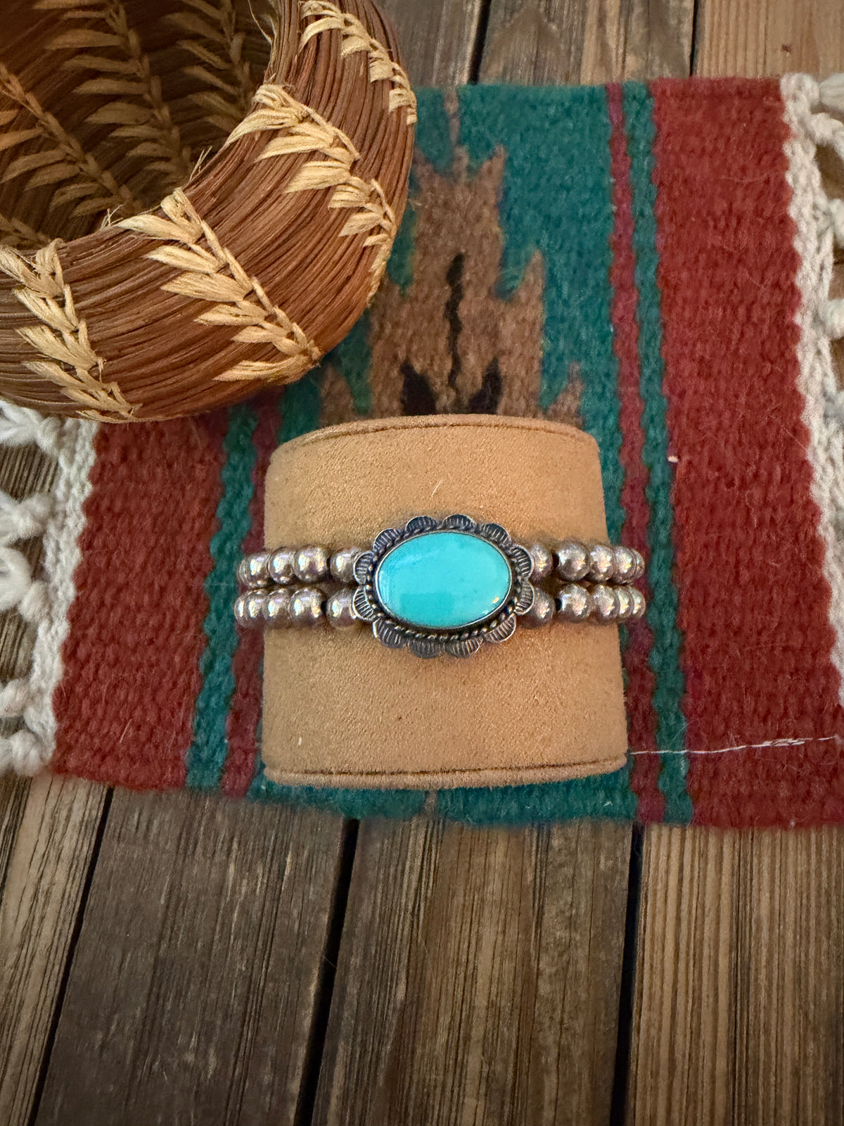 Handcrafted Old Pawn Sterling Silver Pearl & Turquoise Beaded Cuff Bracelet