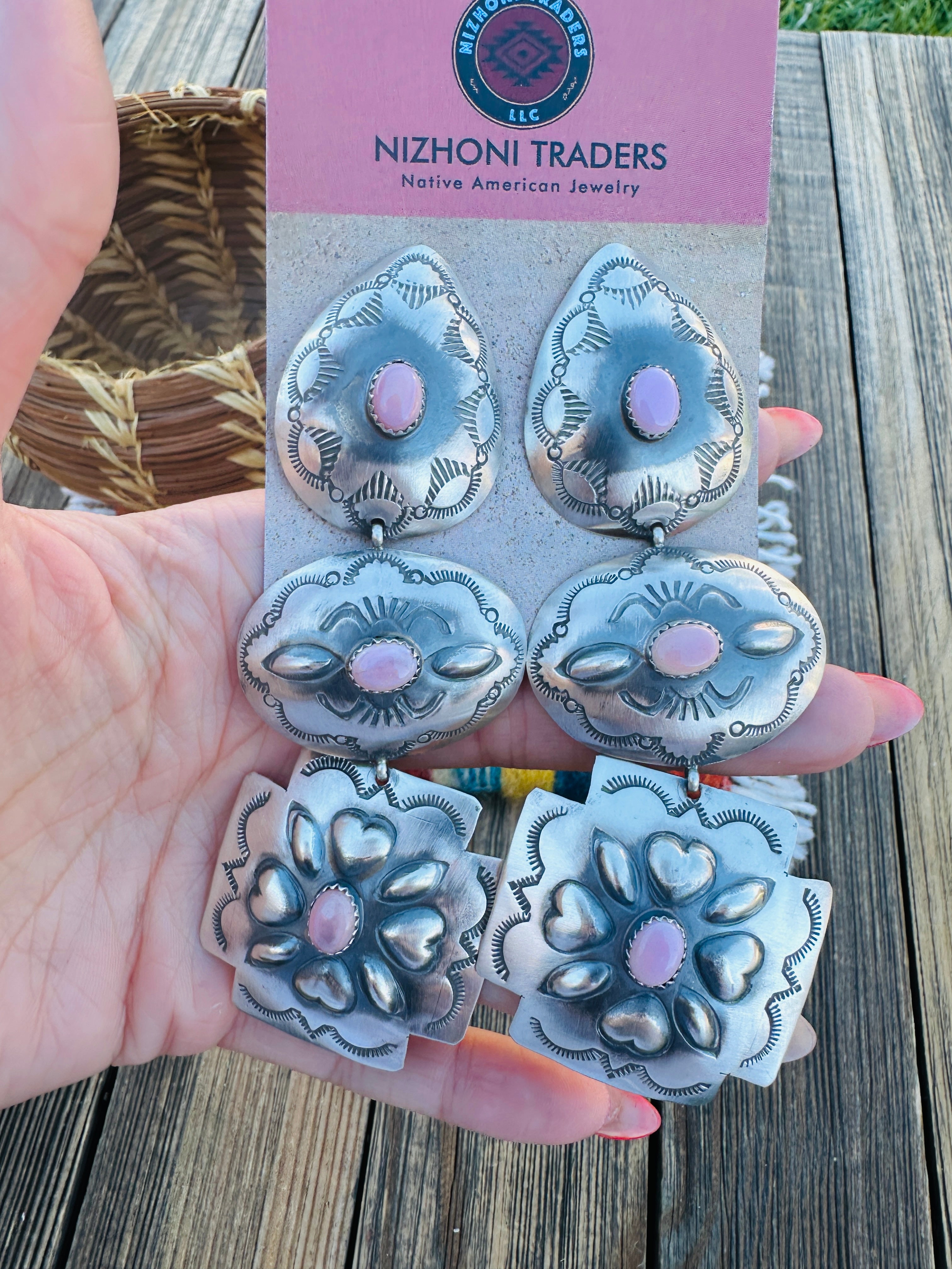 Handcrafted Queen Pink Conch & Sterling Silver Concho Dangle Earrings