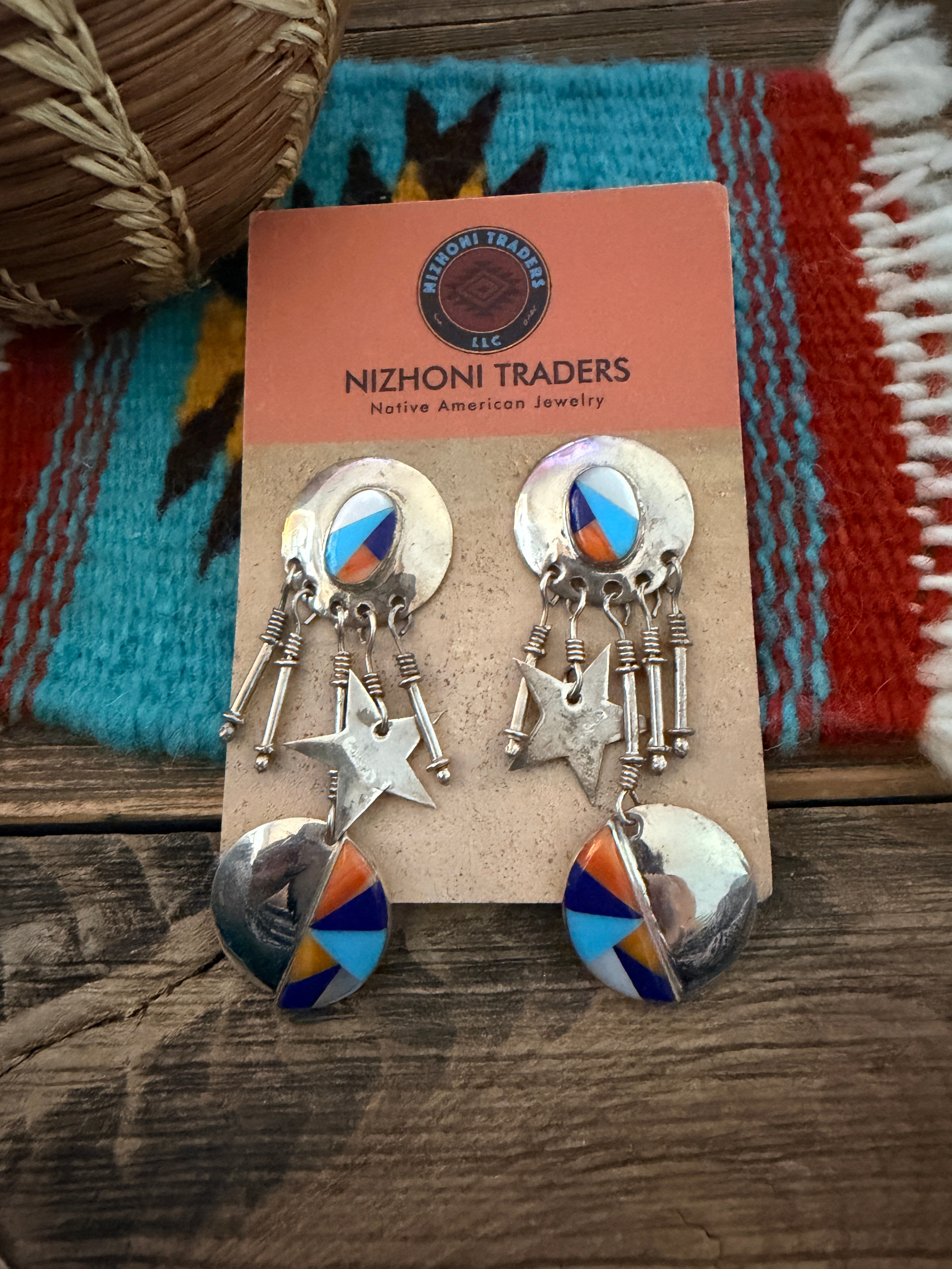 Old Pawn Handcrafted Sterling Silver & Multi Stone Dangle Earrings