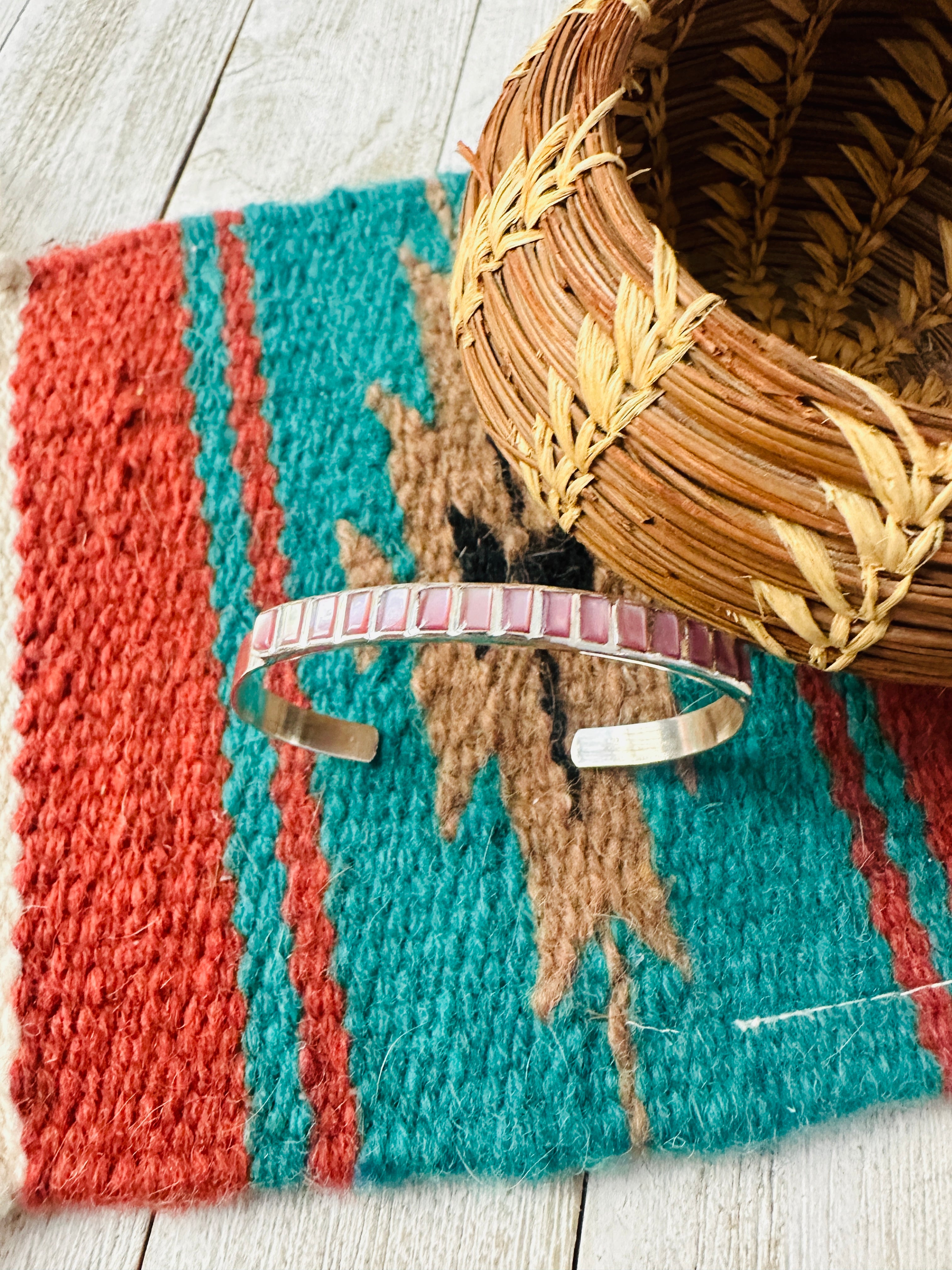 Mother of Pearl & Sterling Silver Inlay Cuff Bracelet /