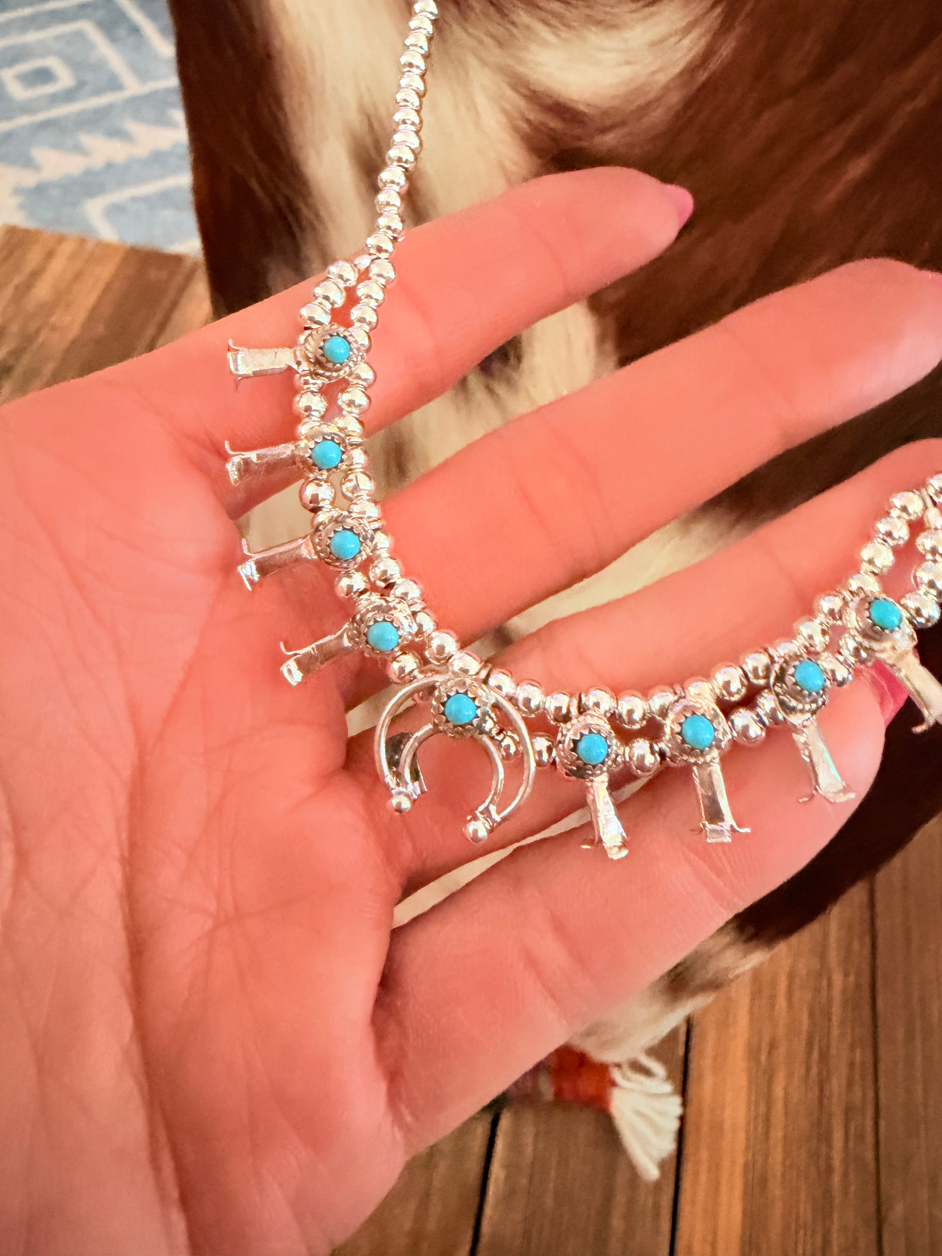 Handcrafted Turquoise & Sterling Silver Beaded Mini Squash Blossom Necklace