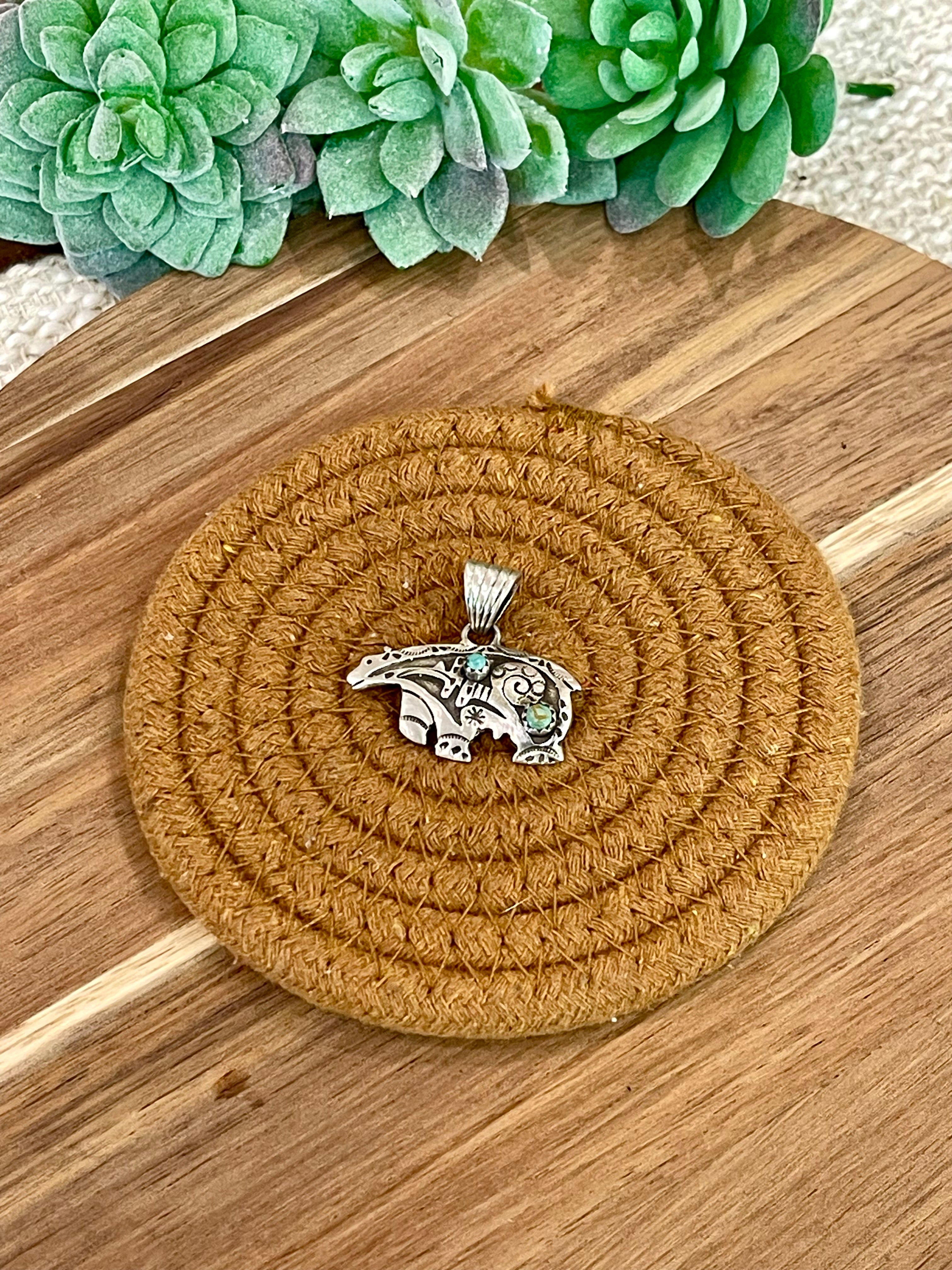 Handmade Sterling Silver & Turquoise Hand Stamped Bear Pendant with Signed Nizhoni