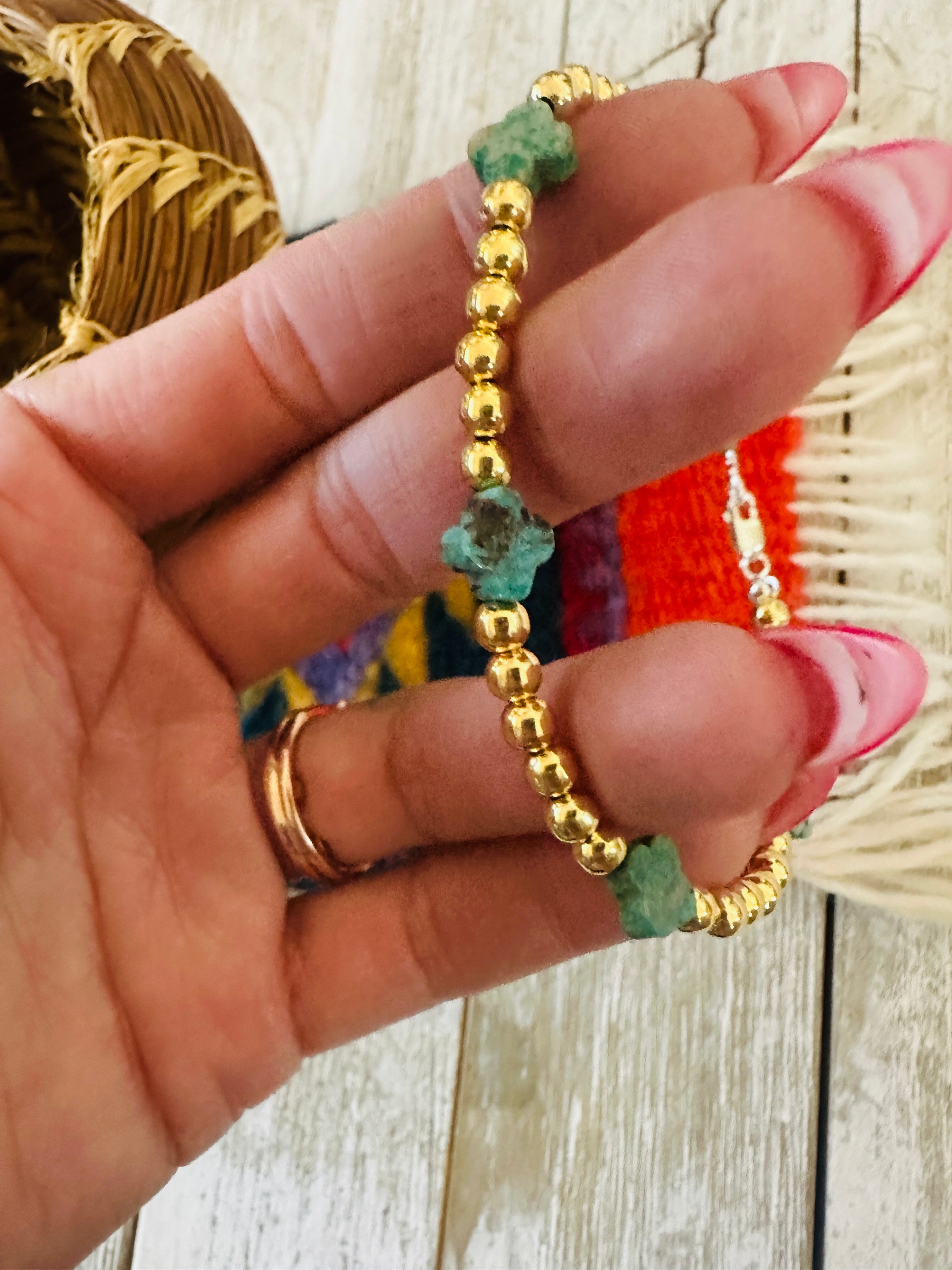 Handcrafted Cle'vara Gold Plated Sterling Silver Pearl & Turquoise Beaded Bracelet