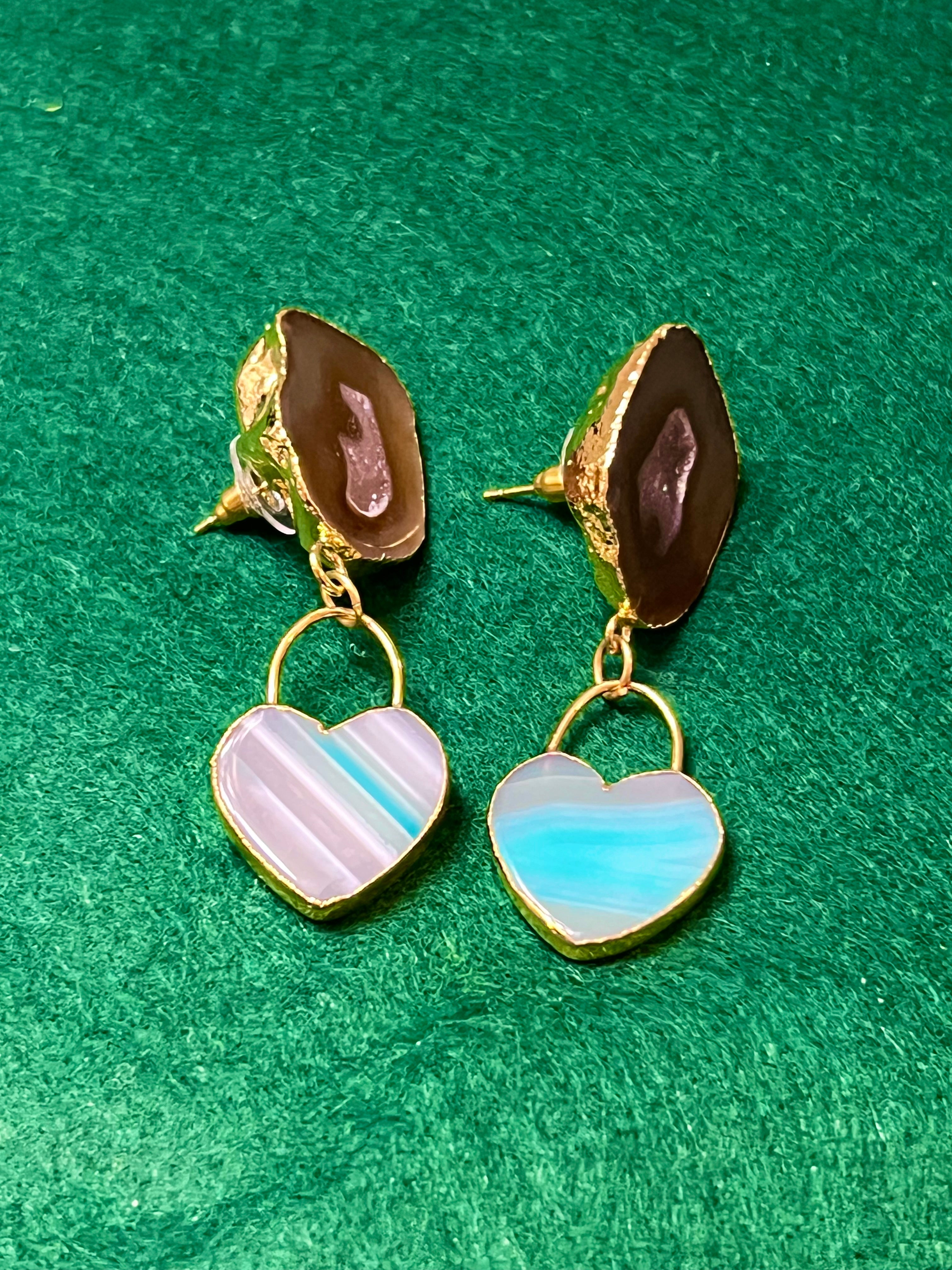 Handmade 14k Gold Druzy Plated Brass White Geode & Blue Heart Dangle Stud Earrings