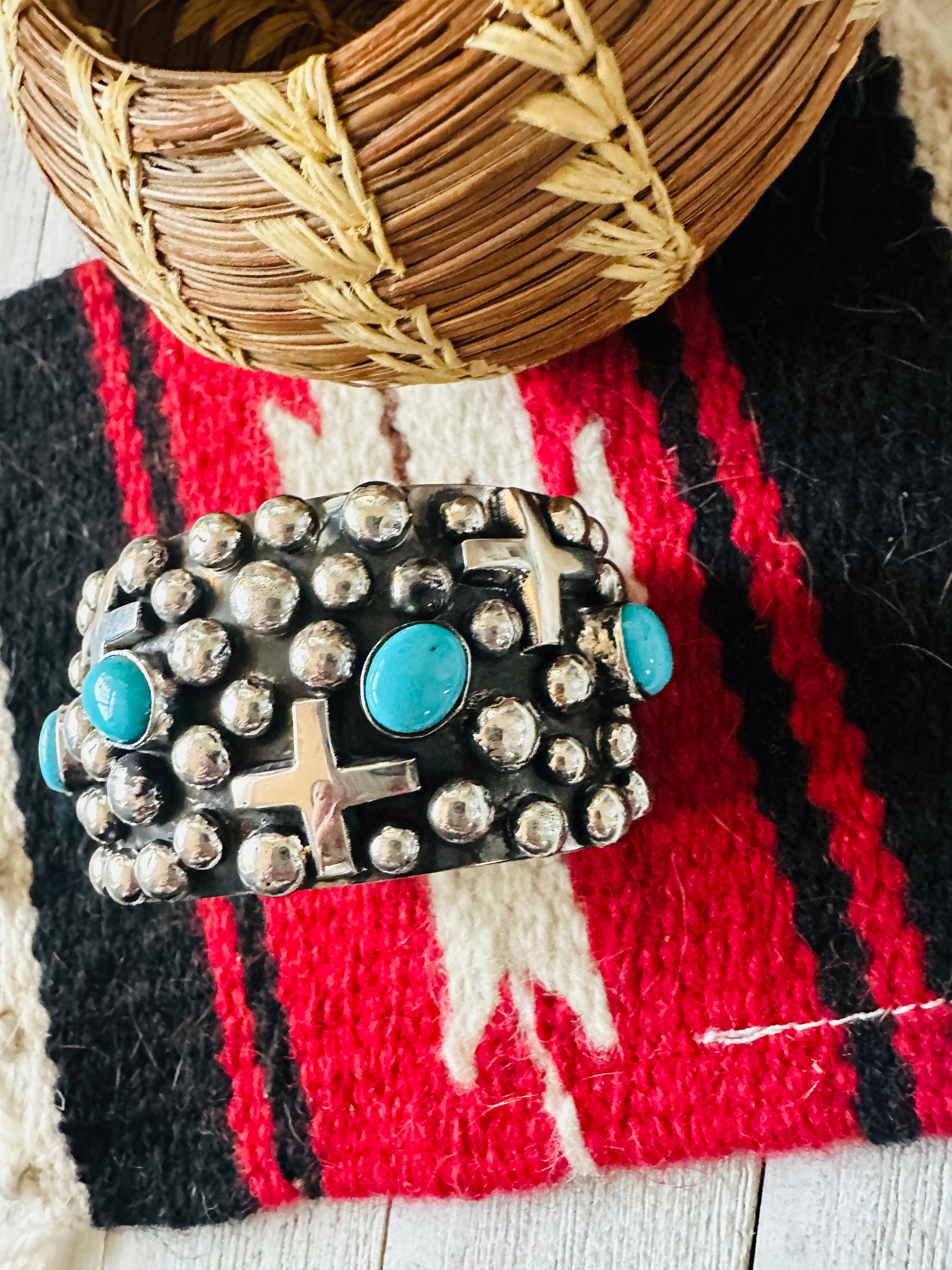 Navajo Turquoise & Sterling Silver Cross Cuff Bracelet By Chimney Butte /