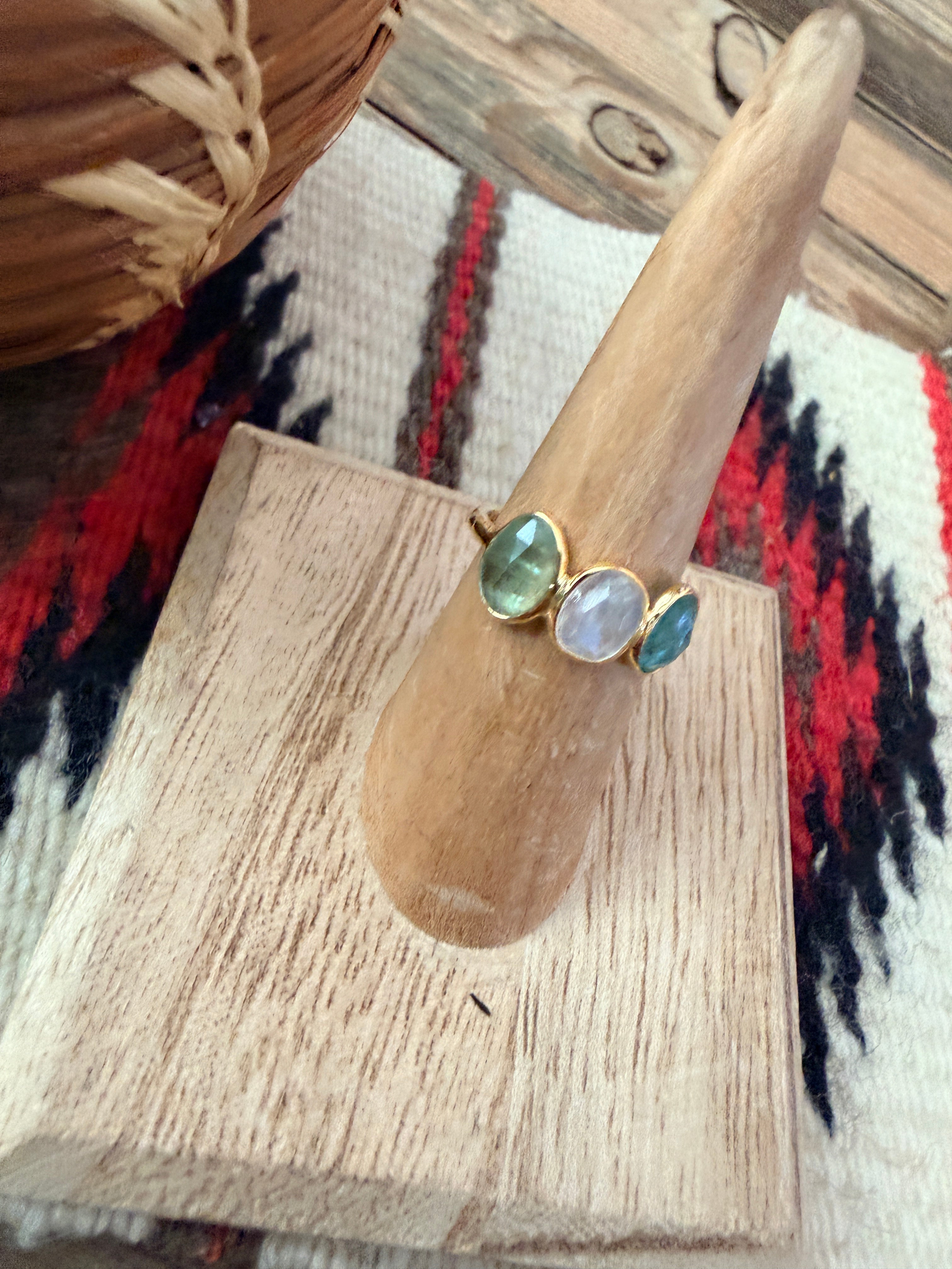 Handmade 18K Gold Vermeil Sterling Silver & Multi Stone Ring Size 6