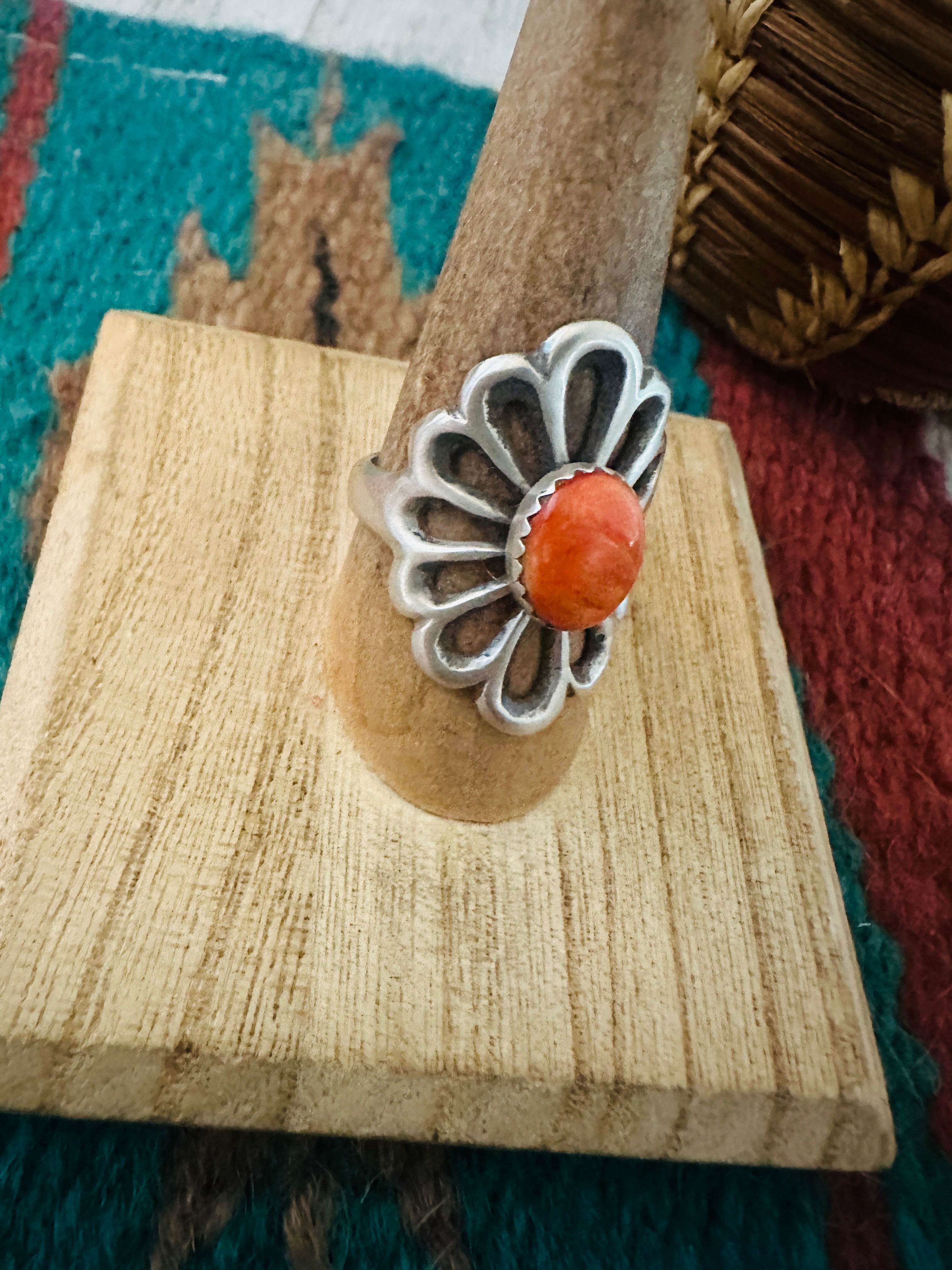 Handcrafted Sterling Silver & Orange Spiny Flower Ring