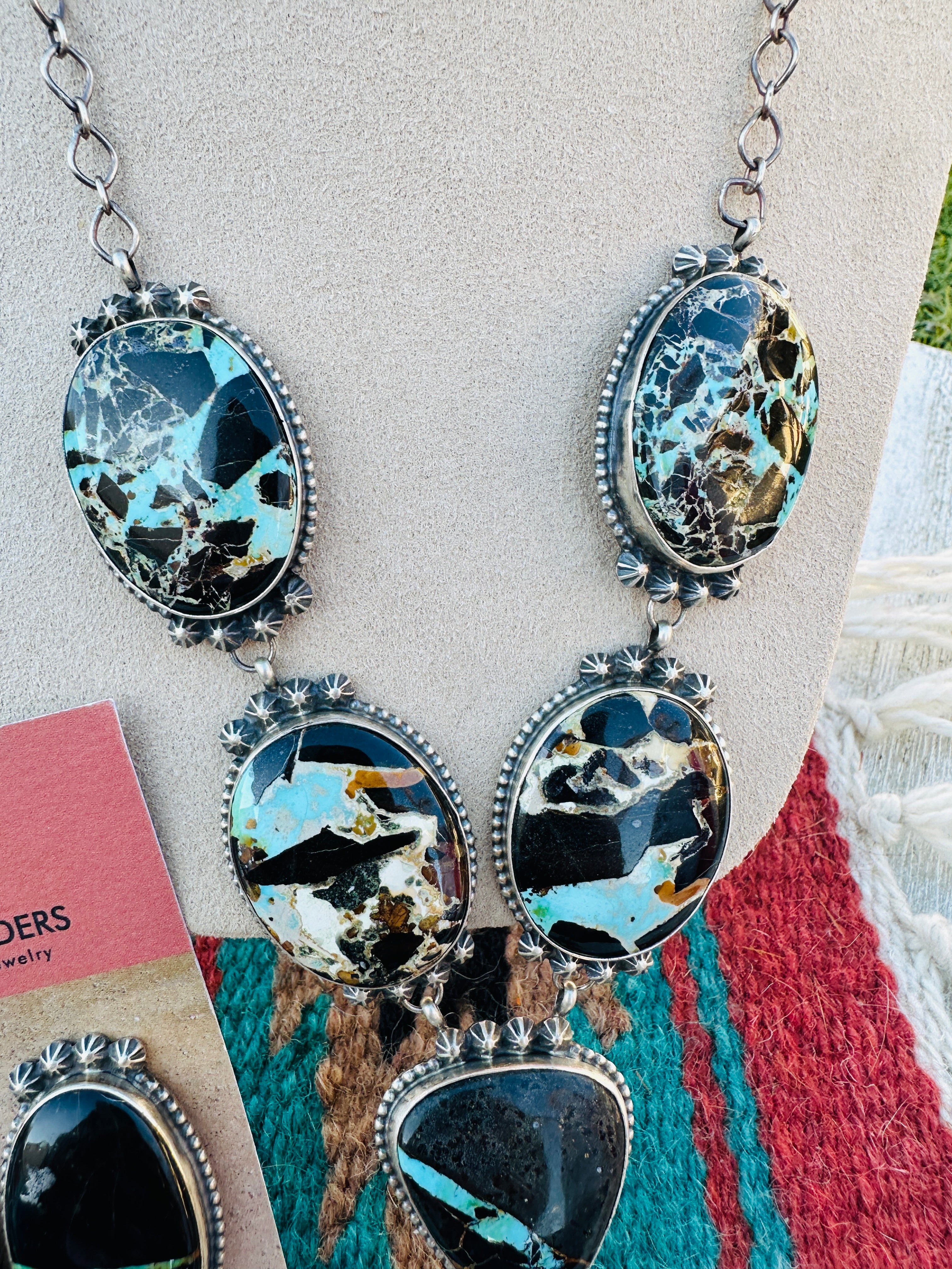 Handcrafted Blackjack Turquoise & Sterling Silver Necklace Set by Dave Skeets