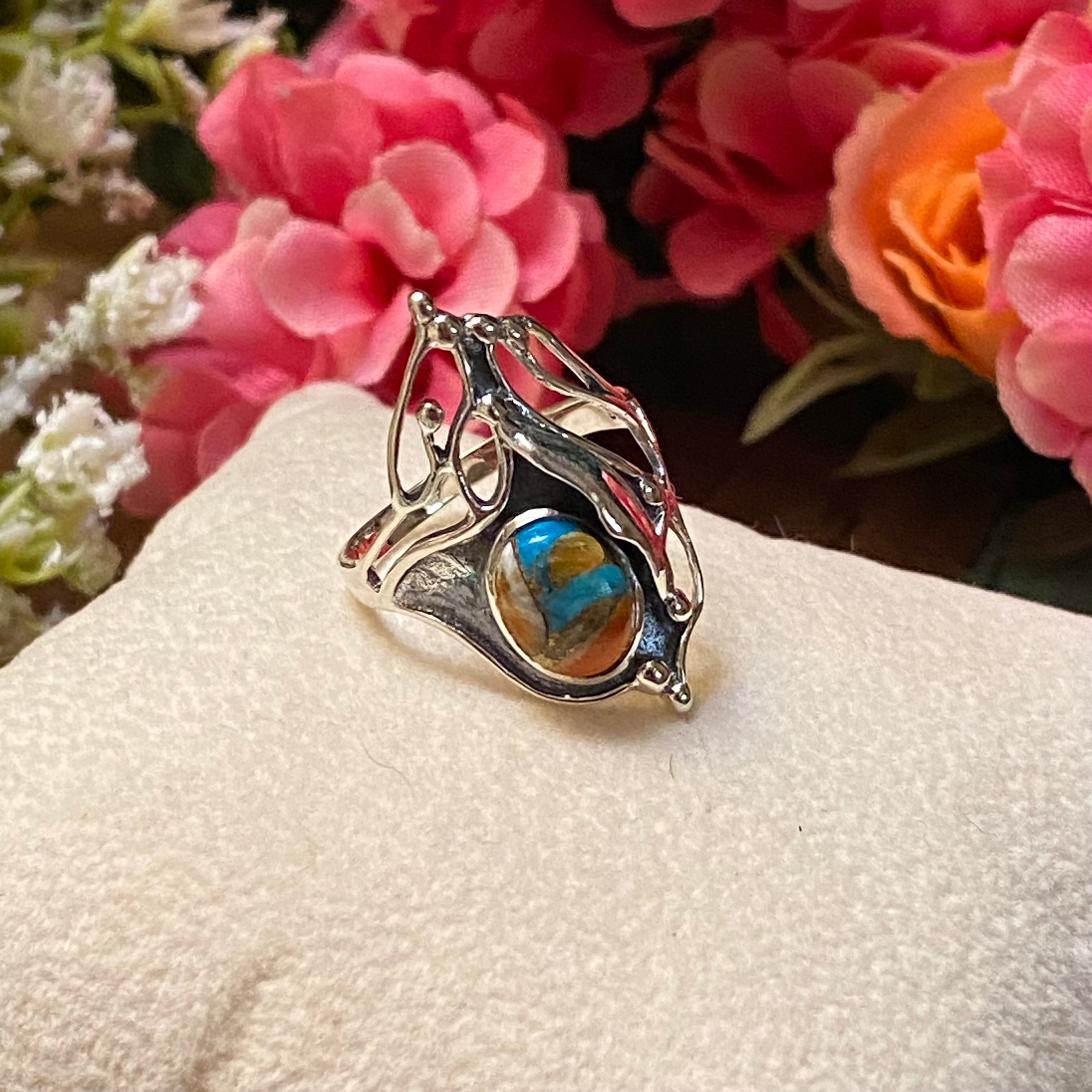 Sterling Silver Orange Spiny Turquoise Intricate Etched Ring Size 7.5