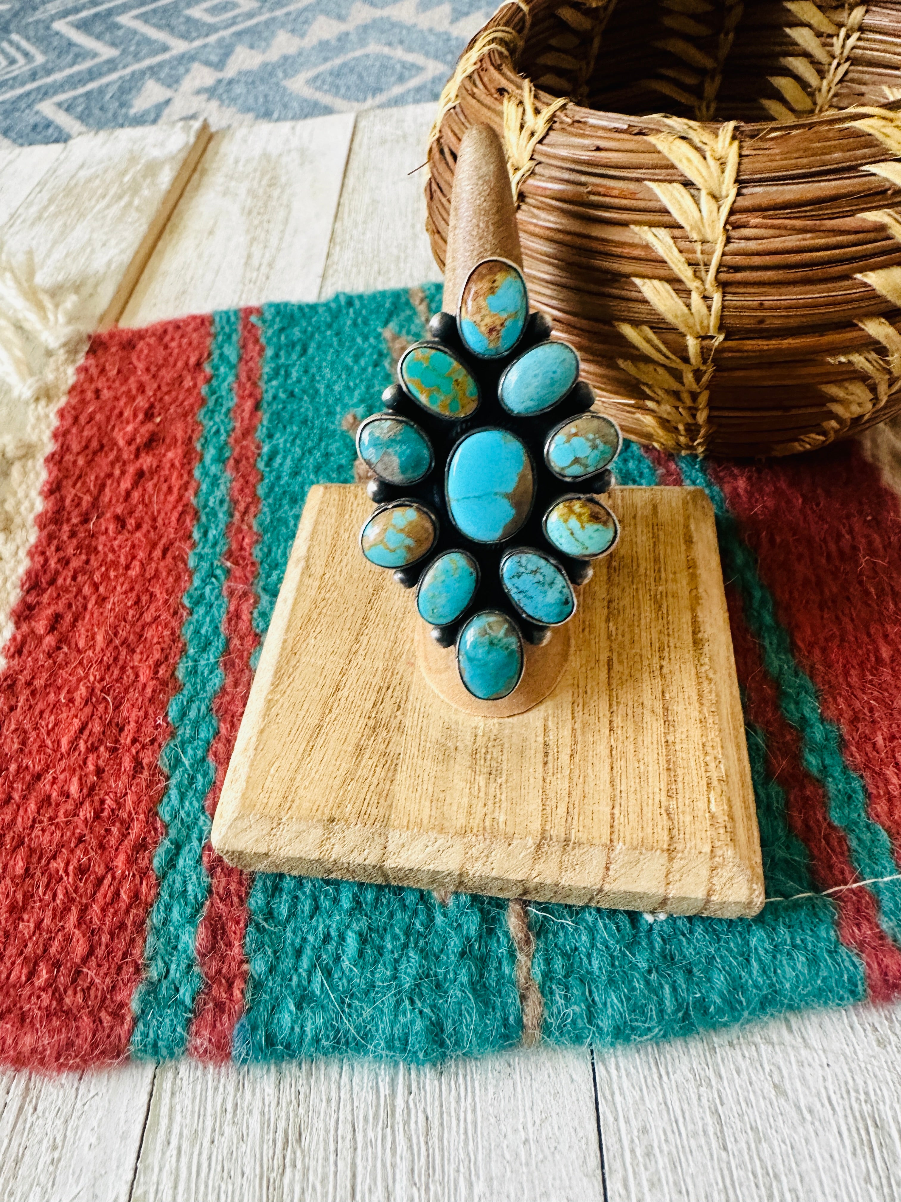 Handcrafted Turquoise & Sterling Silver Cluster Ring Size 6.5