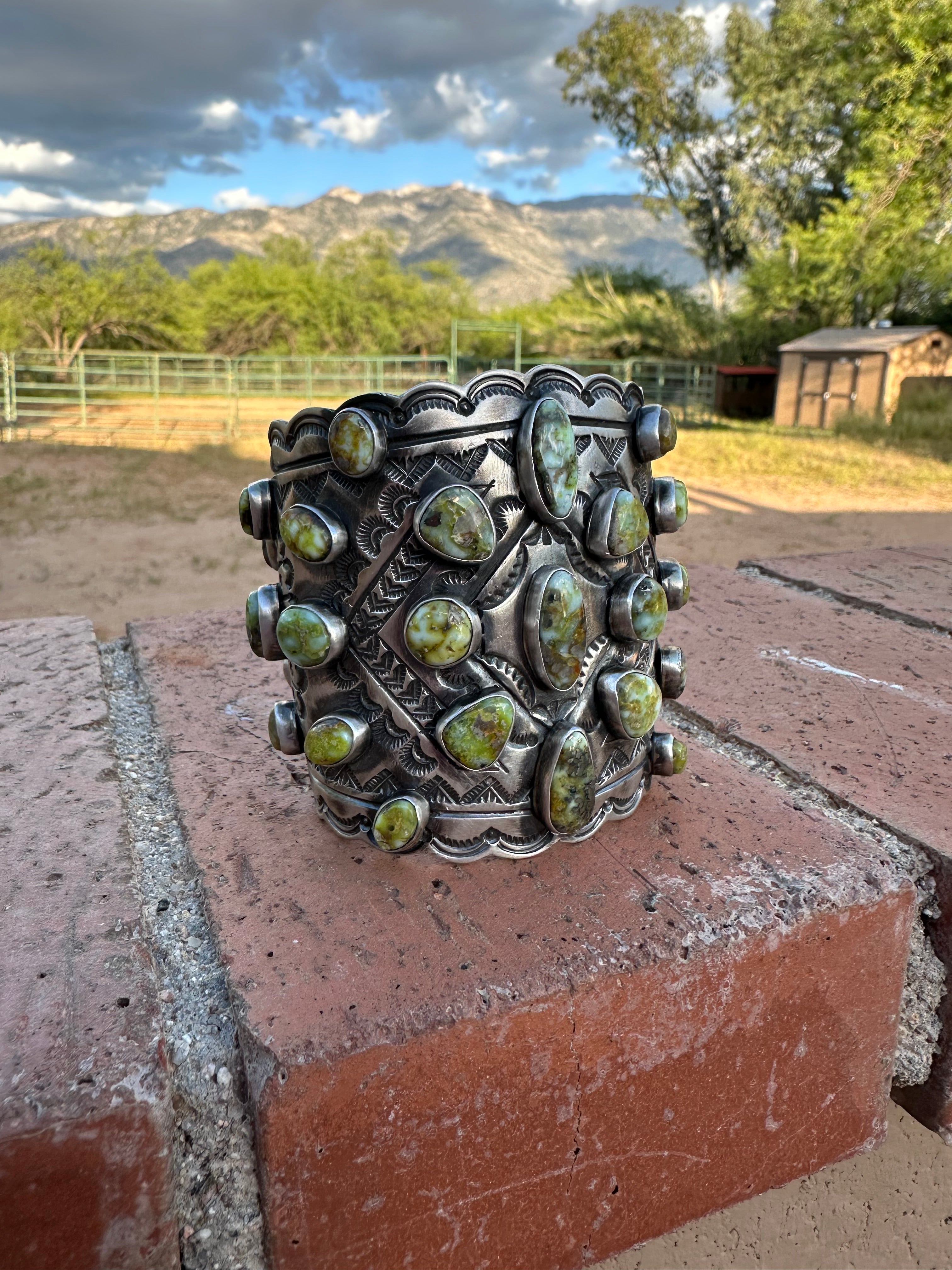 Larry James Palomino Turquoise & Sterling Silver Cluster Cuff Bracelet /