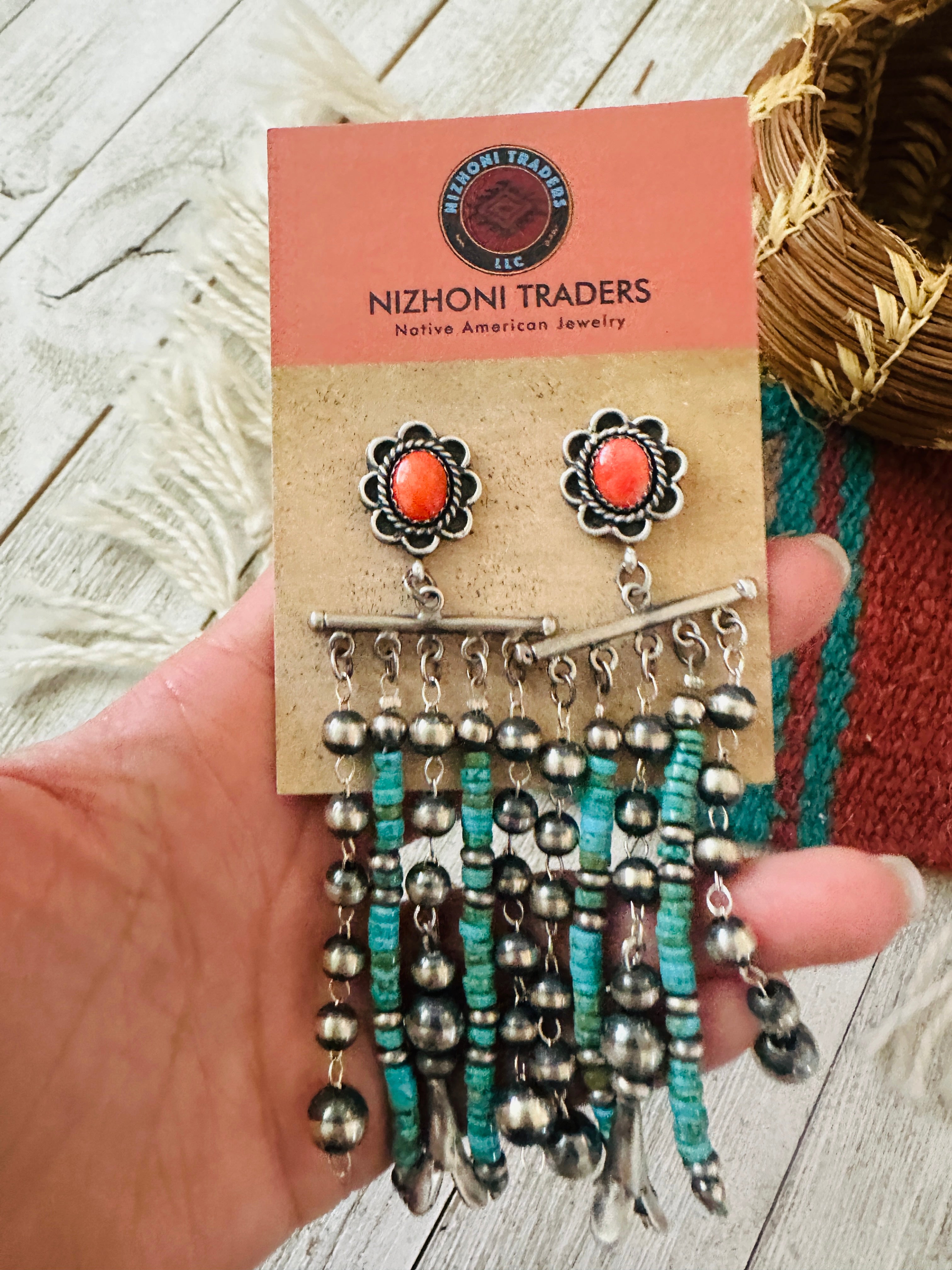 Navajo Turquoise, Coral & Sterling Silver Pearl Beaded Tassel Dangle Earrings
