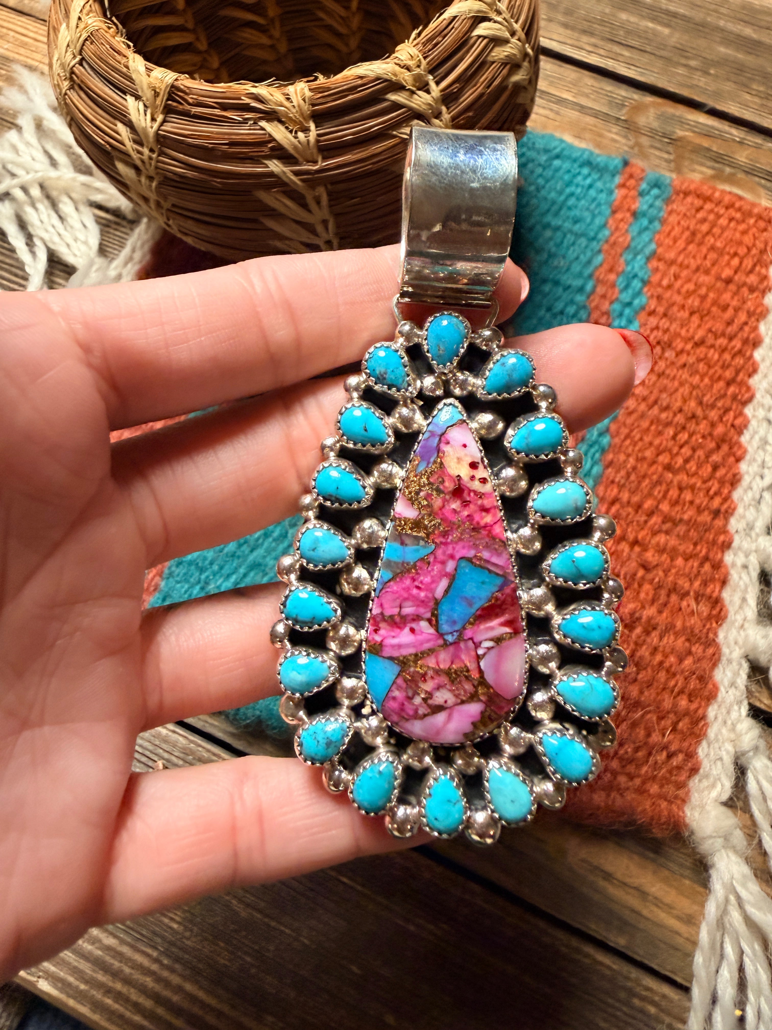 Handcrafted Sterling Silver, Pink Dream Mojave & Turquoise Cluster Pendant