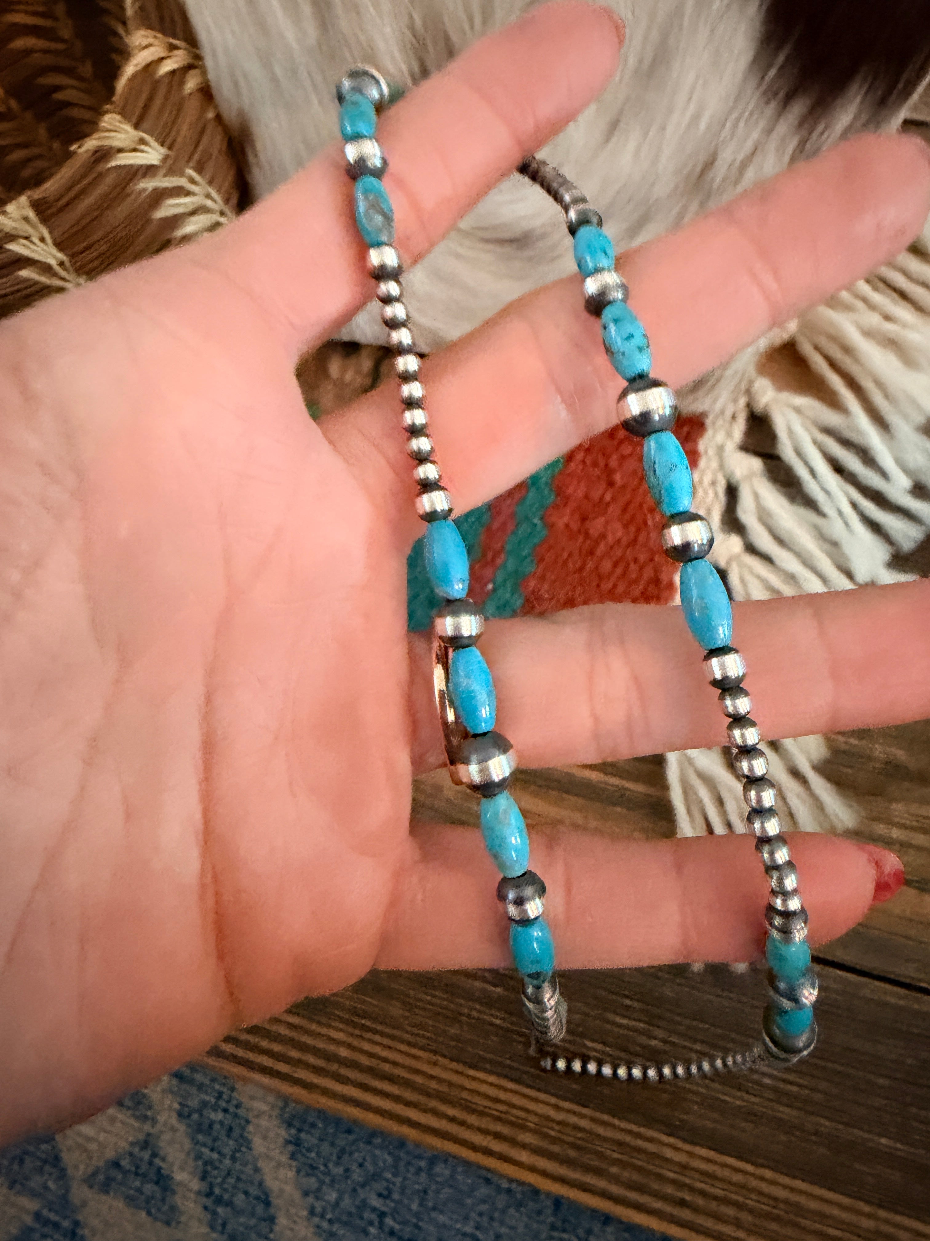 Handcrafted Turquoise & Sterling Silver Pearl Beaded Necklace