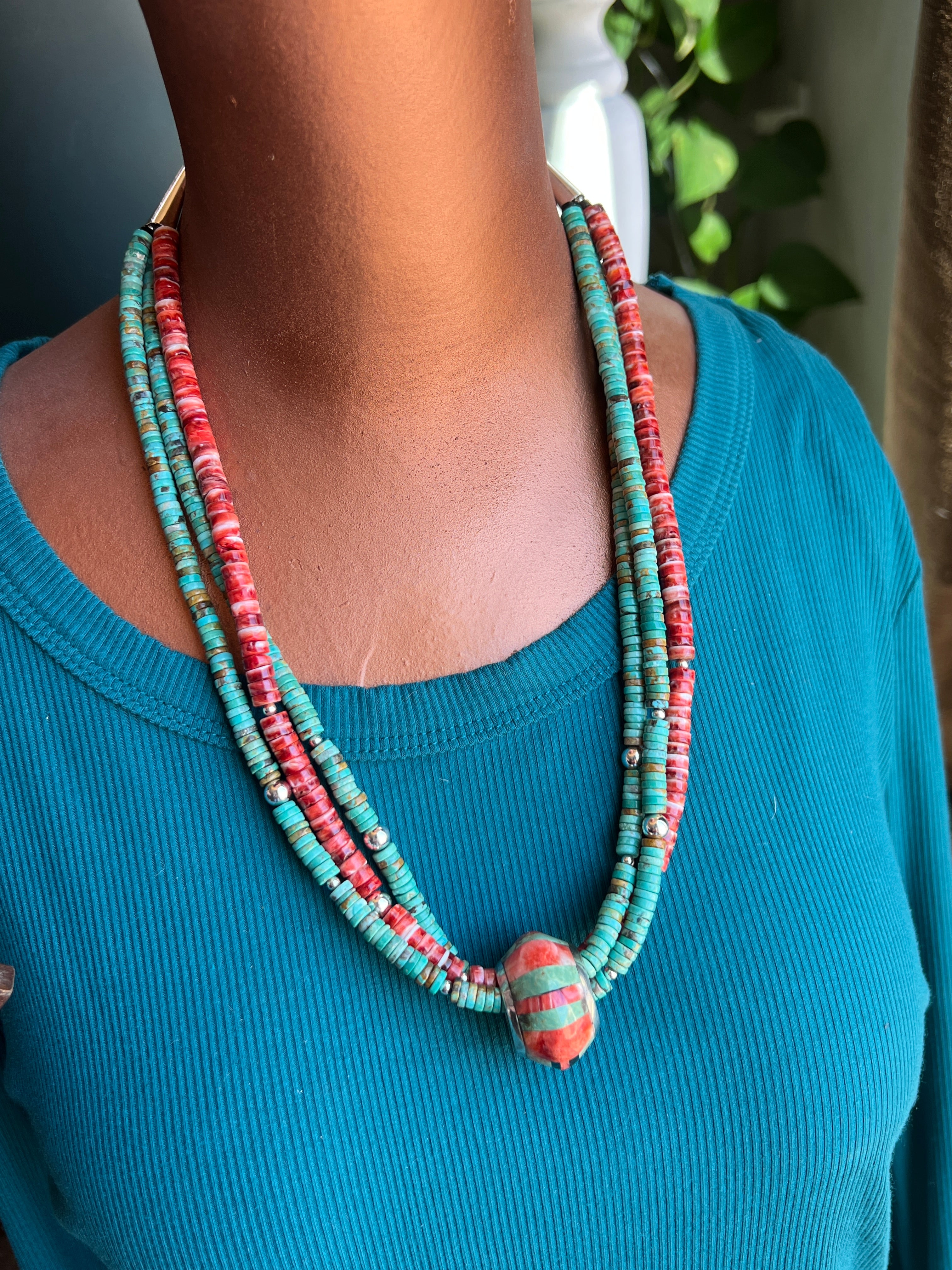 Daniel Coriz Triple Strand Spiny Oyster and Turquoise Beaded Necklace w/ Removable Sterling Silver & Stone Inlay Bead