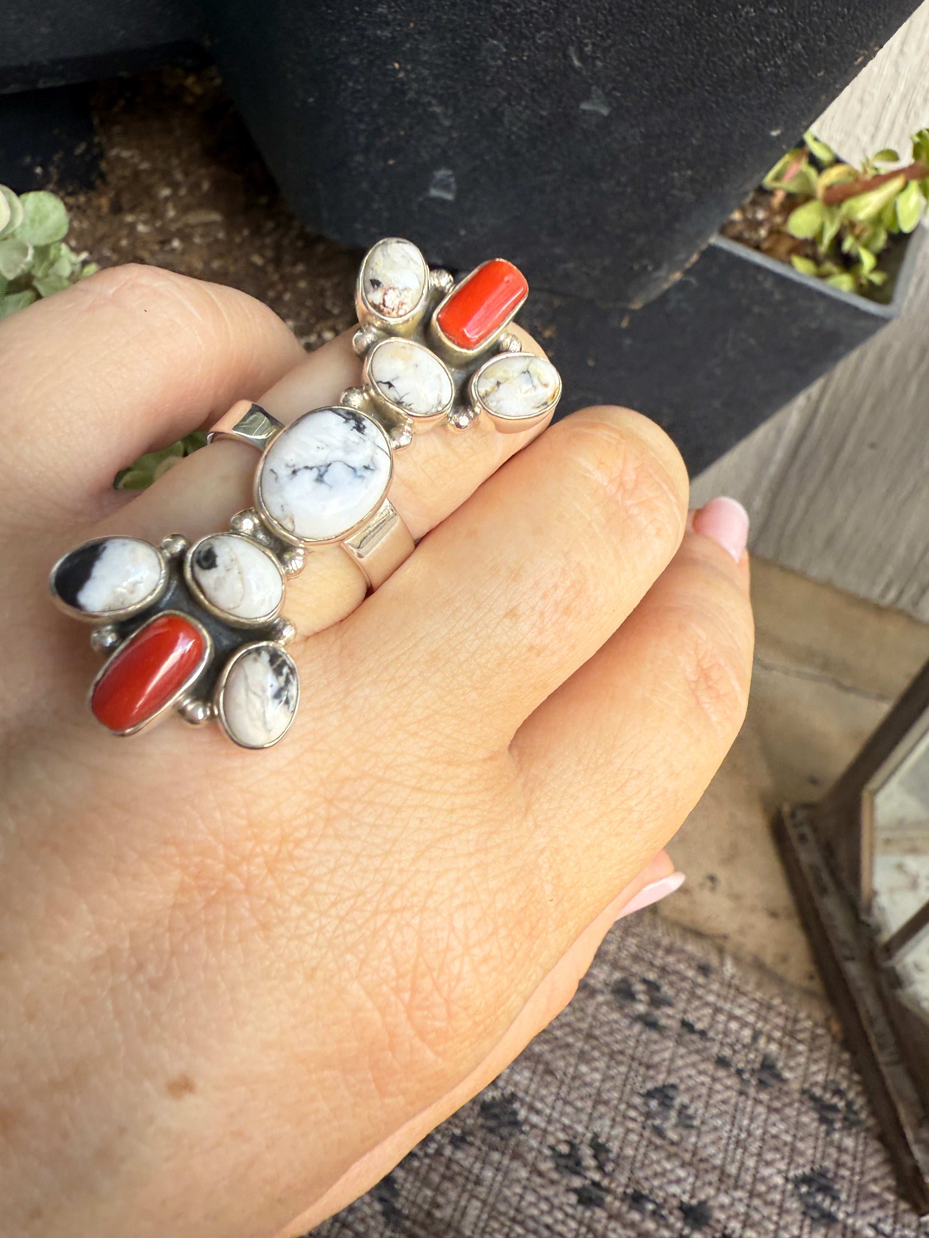 Handmade Coral, White Buffalo & Sterling Silver Adjustable Ring Signed Nizhoni