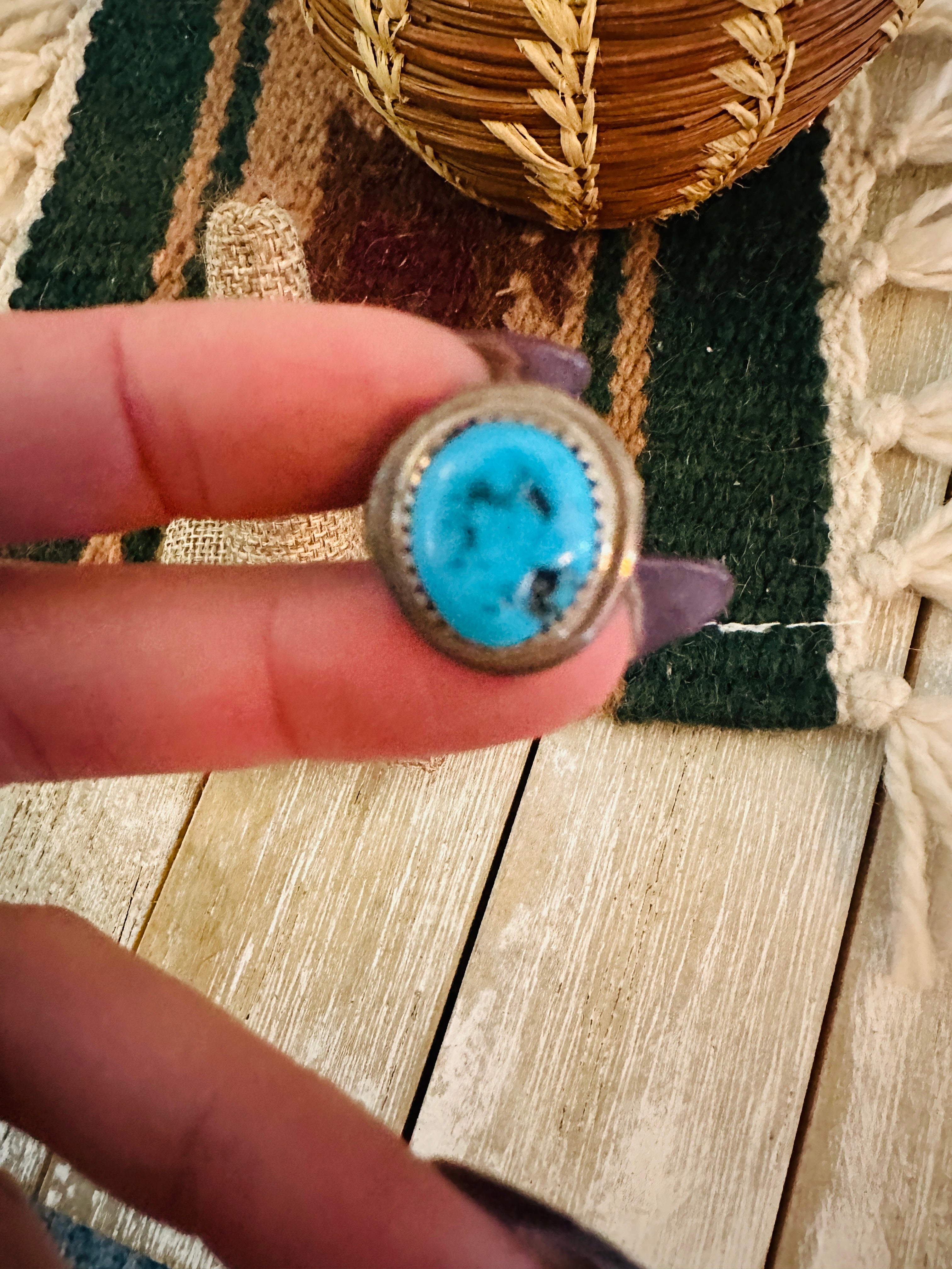 Old Pawn Handcrafted Turquoise & Sterling Silver Ring Size 7