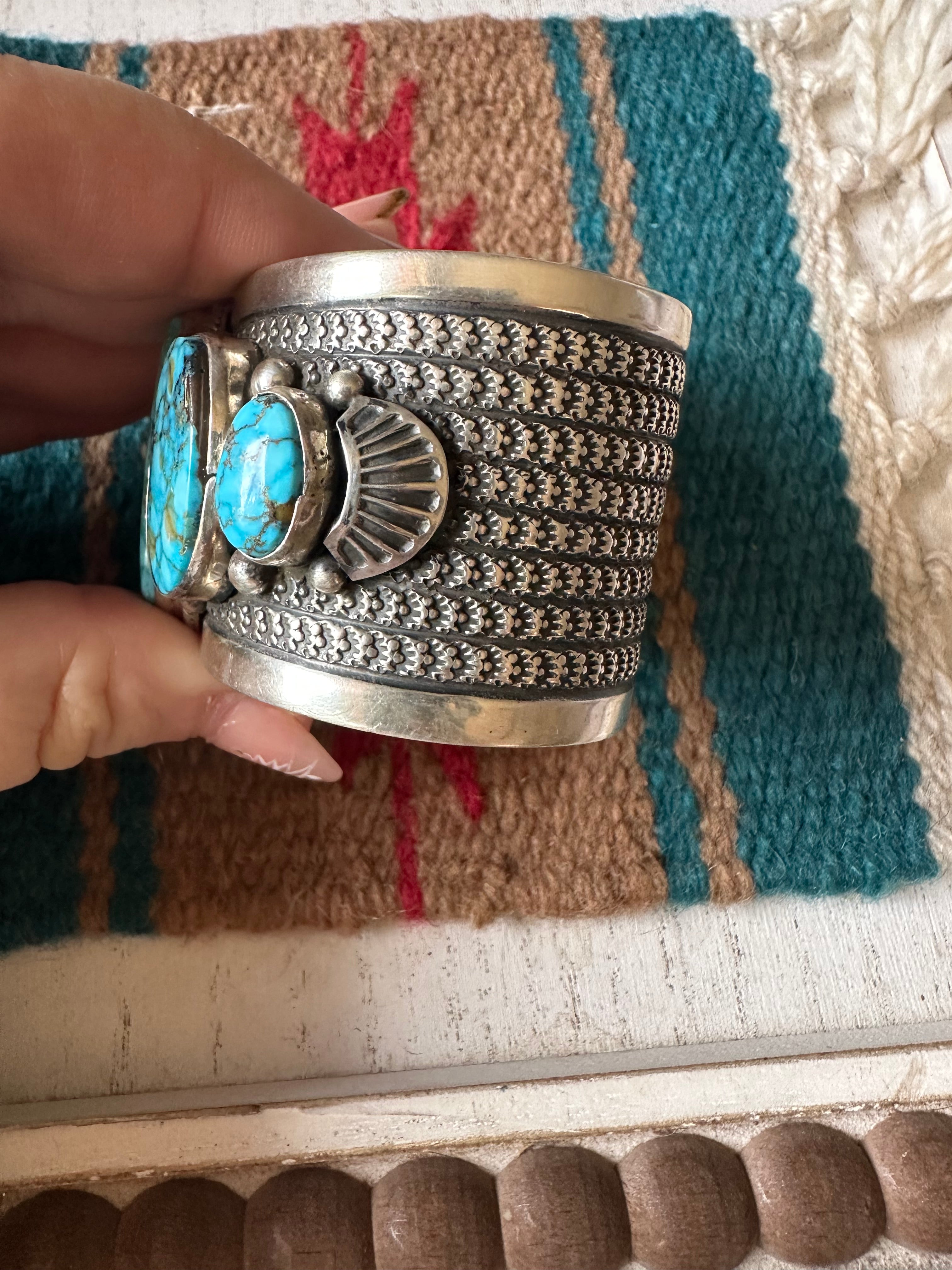 Beautiful Navajo Sterling Silver 5 Stone Kingman Webb Turquoise Bracelet Cuff Signed /