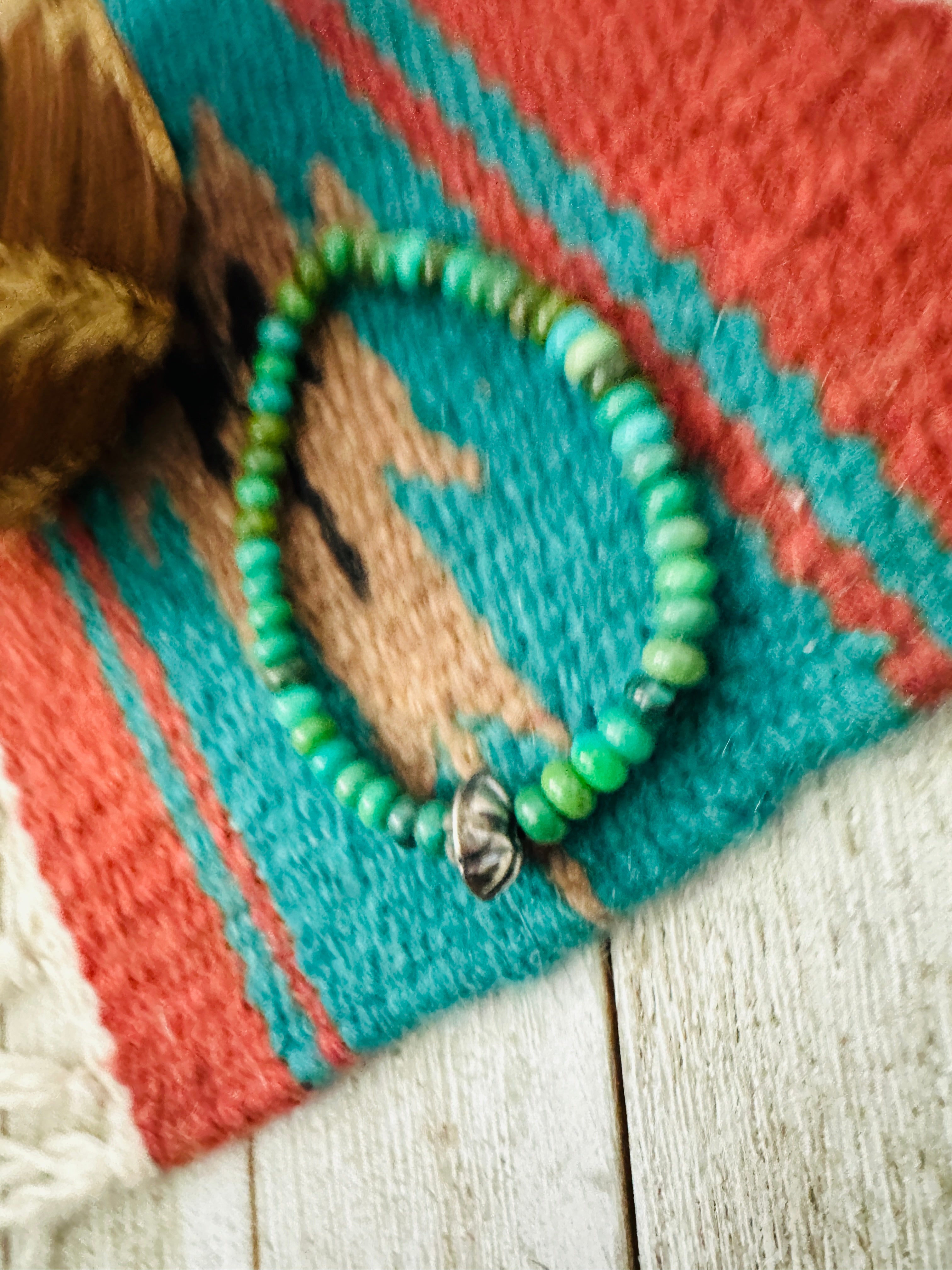 Handcrafted Turquoise & Sterling Silver Beaded Stretch Bracelet