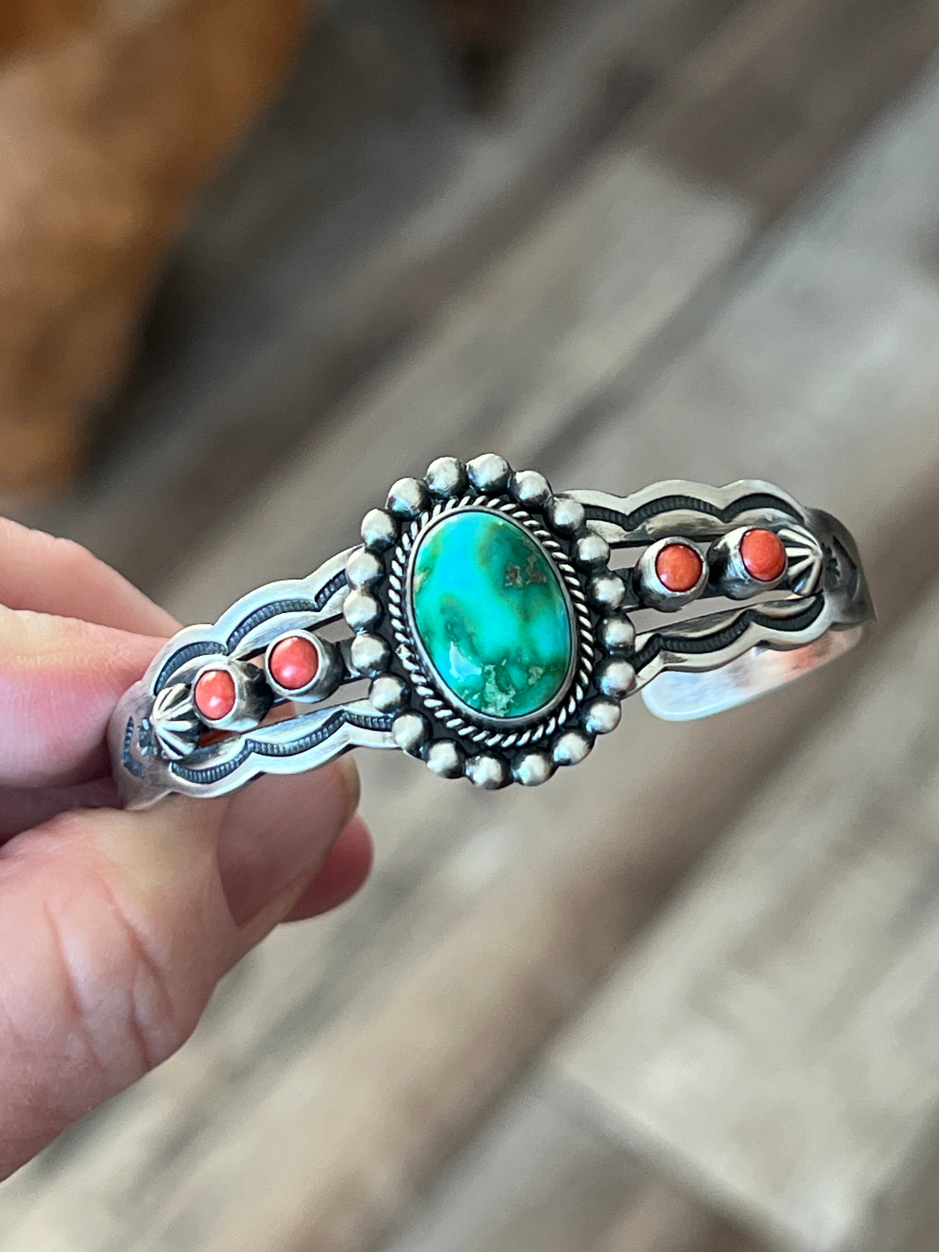 Handcrafted Sterling Silver, Sonoran Mountain Turquoise and Spiny Oyster Cuff Bracelet by Daniel Coriz