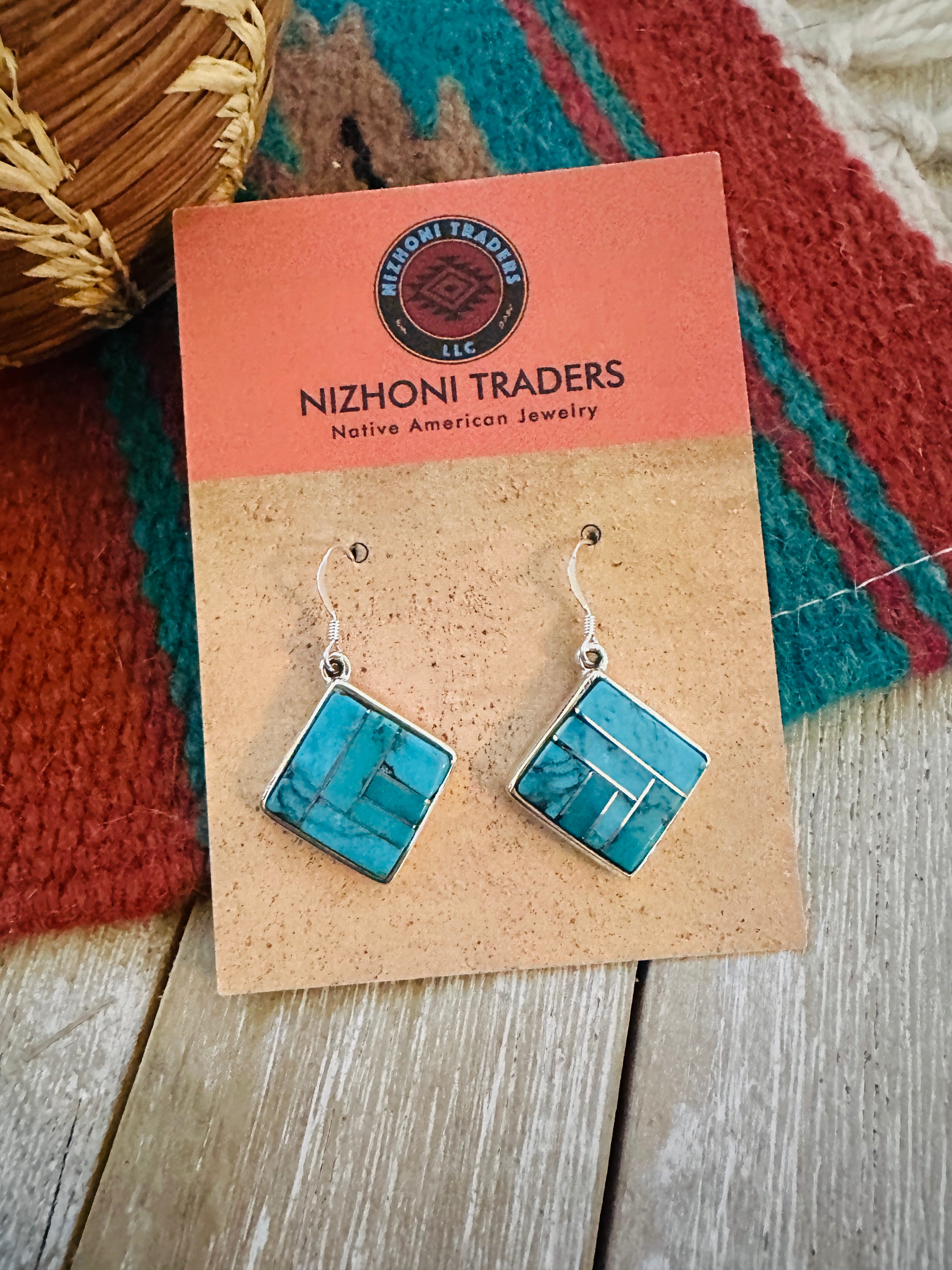 Handcrafted Turquoise & Sterling Silver Inlay Dangle Earrings