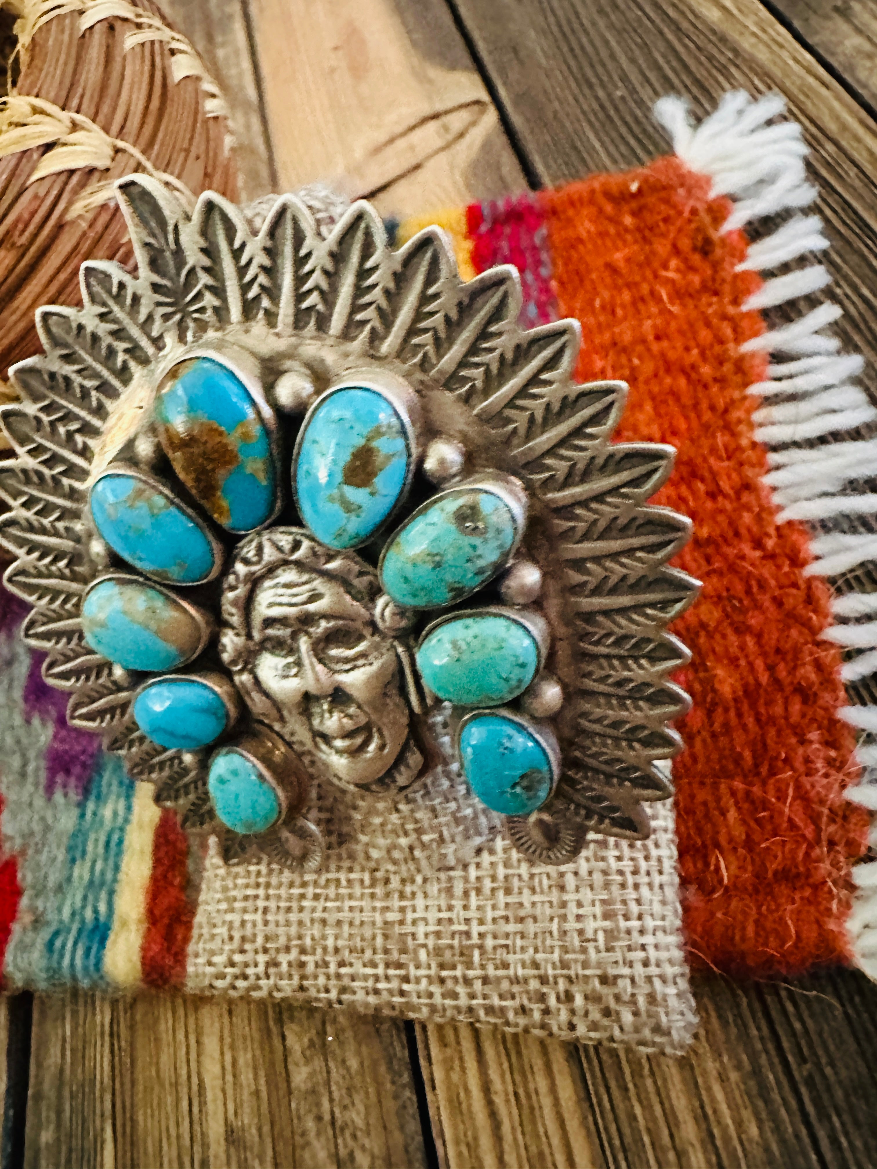 Handcrafted Turquoise & Sterling Silver Adjustable Indian Chief Ring by Charles Johnson