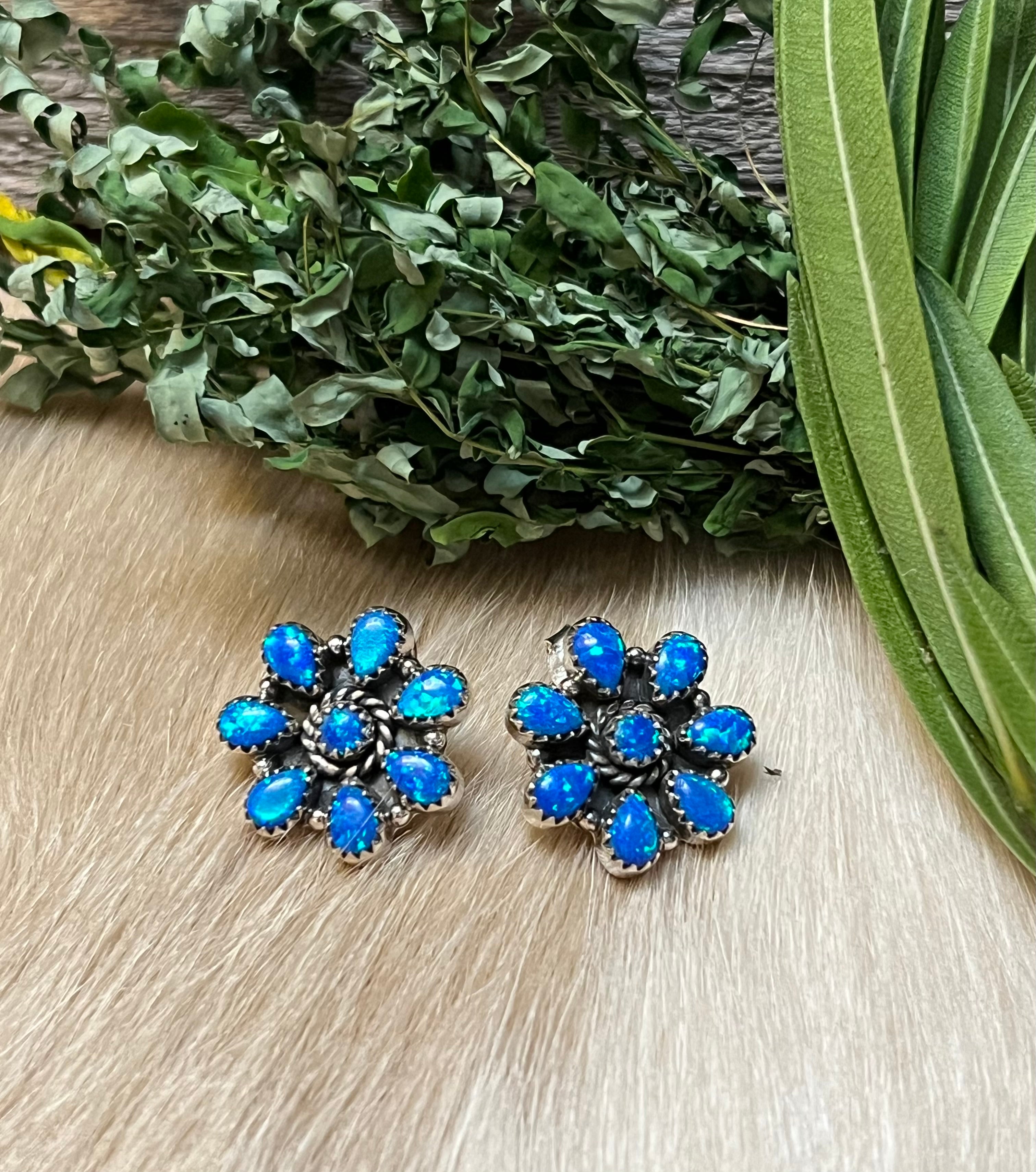 Handmade Blue Opal Flower Cluster & Sterling Silver Stud Earrings