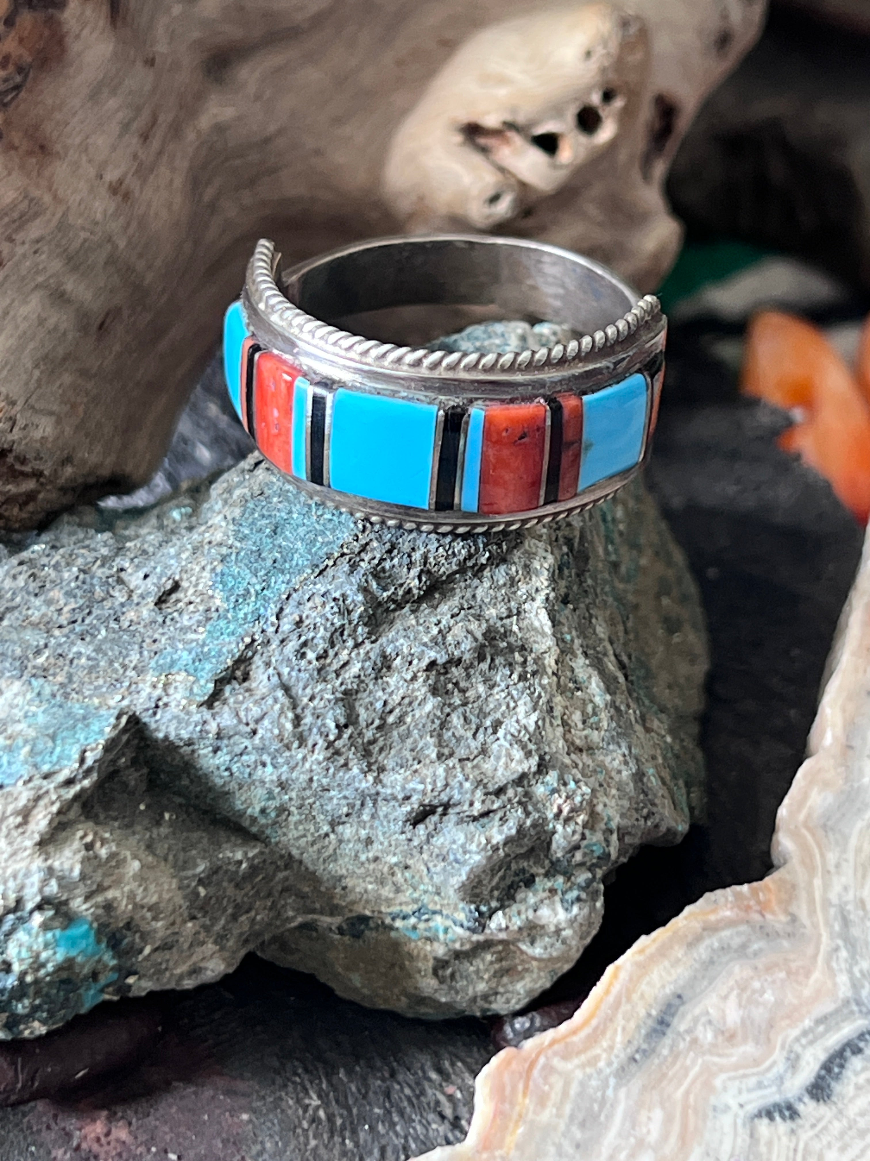 Old Pawn Sterling Silver, Turquoise, Onyx and Coral Raised Channel Inlay Ring by Deidre L Panteah