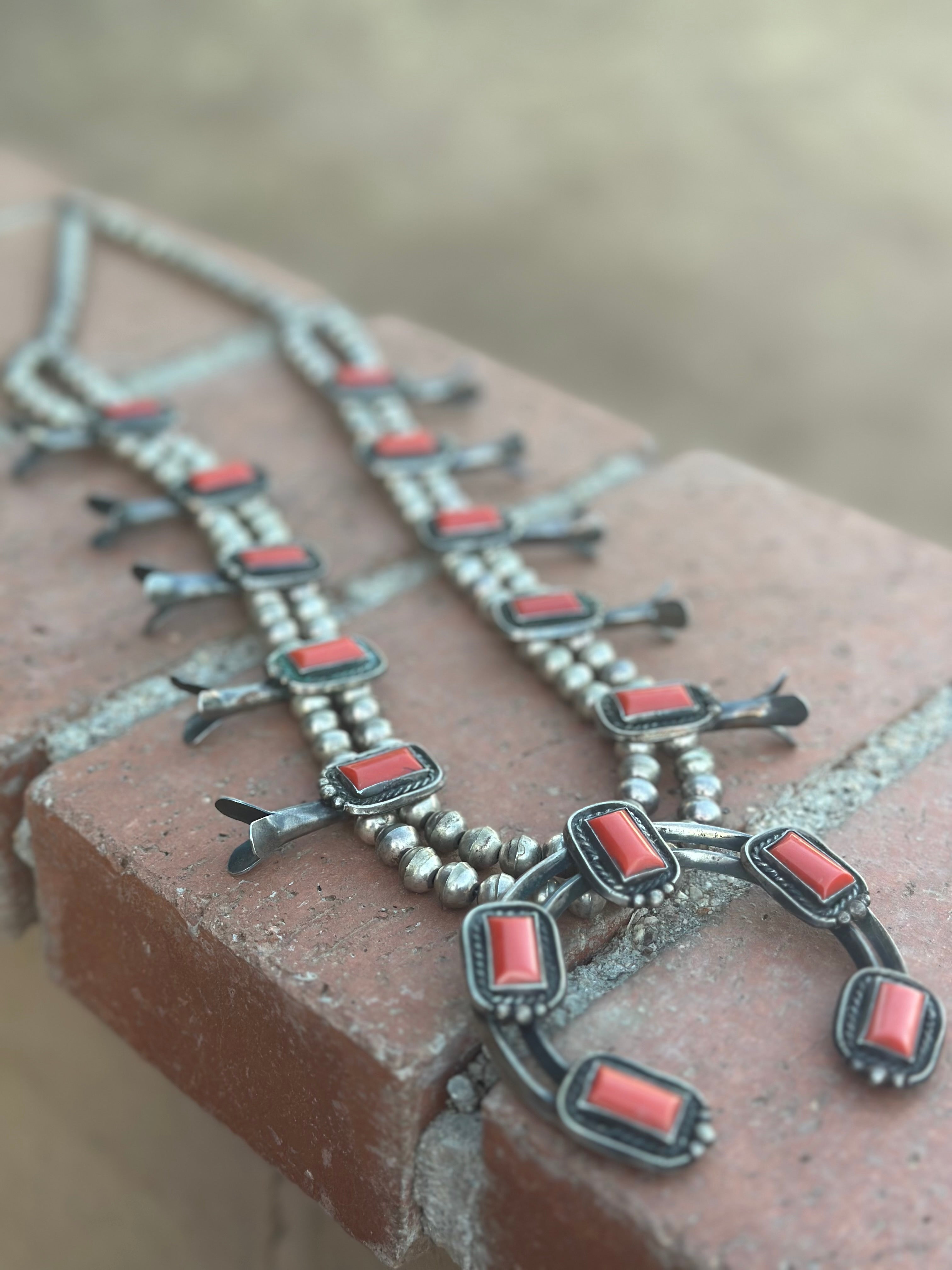 Vintage Navajo Coral & Sterling Silver Squash Blossom Necklace