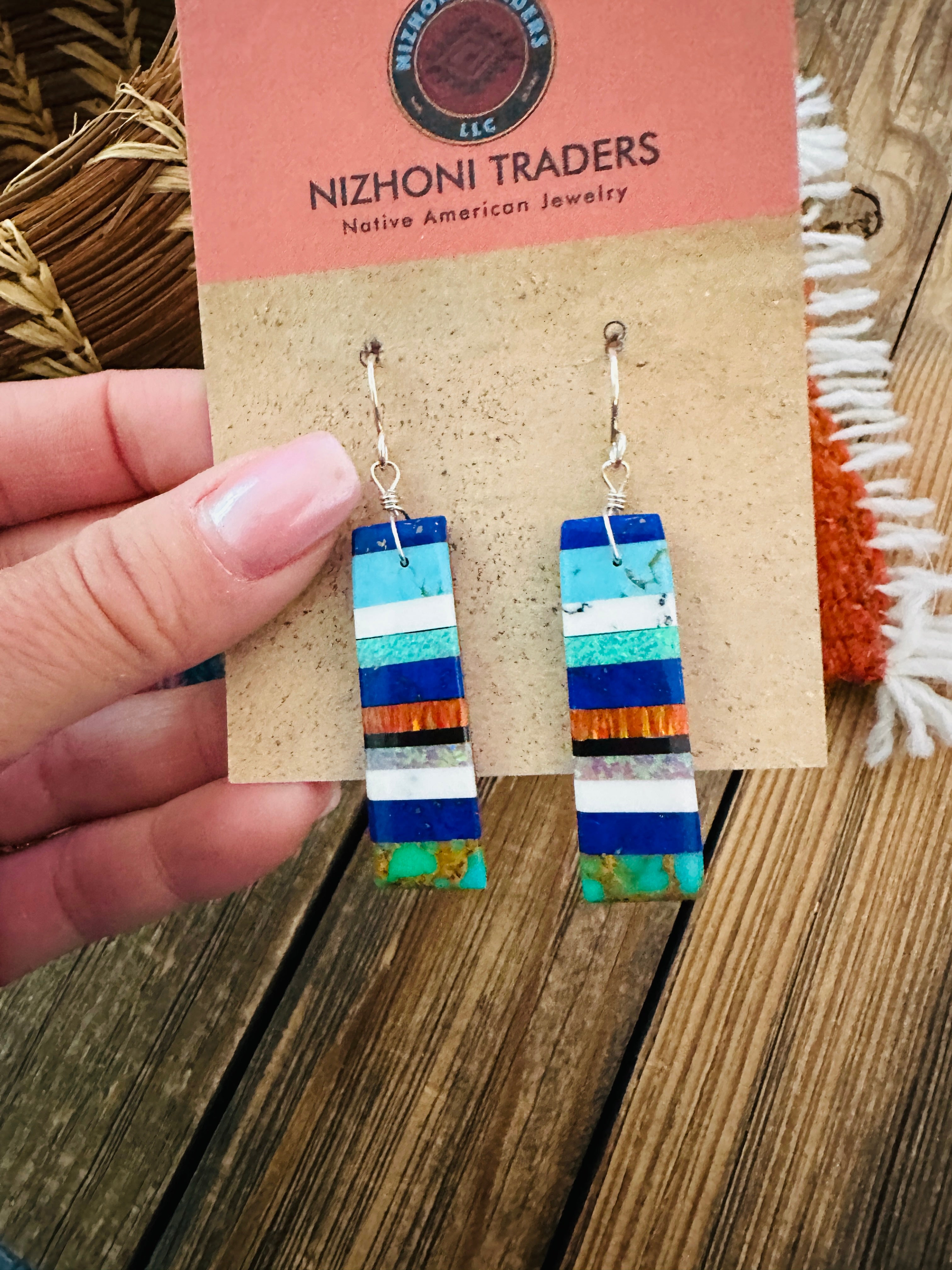 Handcrafted Multi Stone Inlay Slab Dangle Earrings