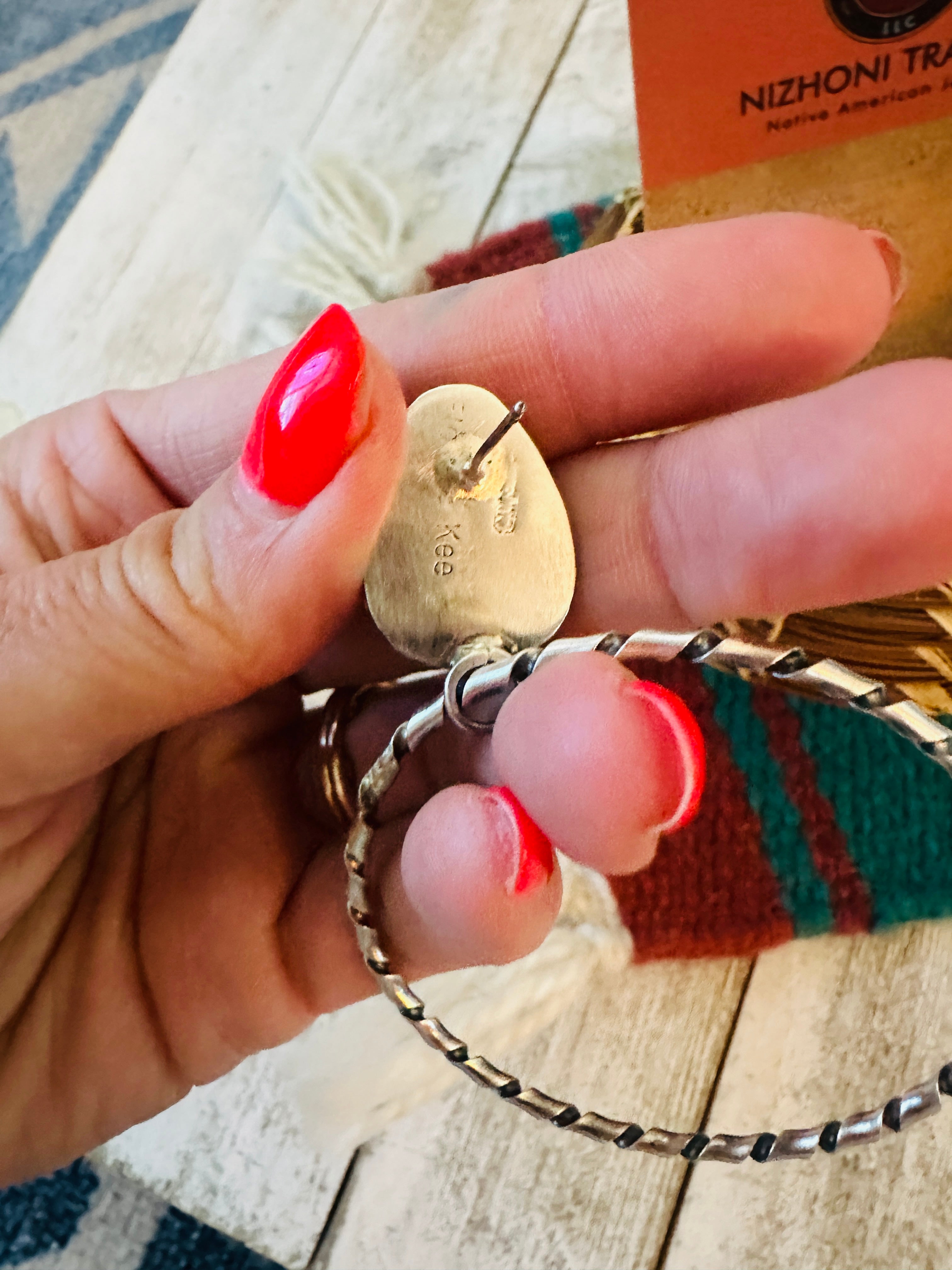Navajo White Buffalo and Sterling Silver Dangle Hoop Earrings