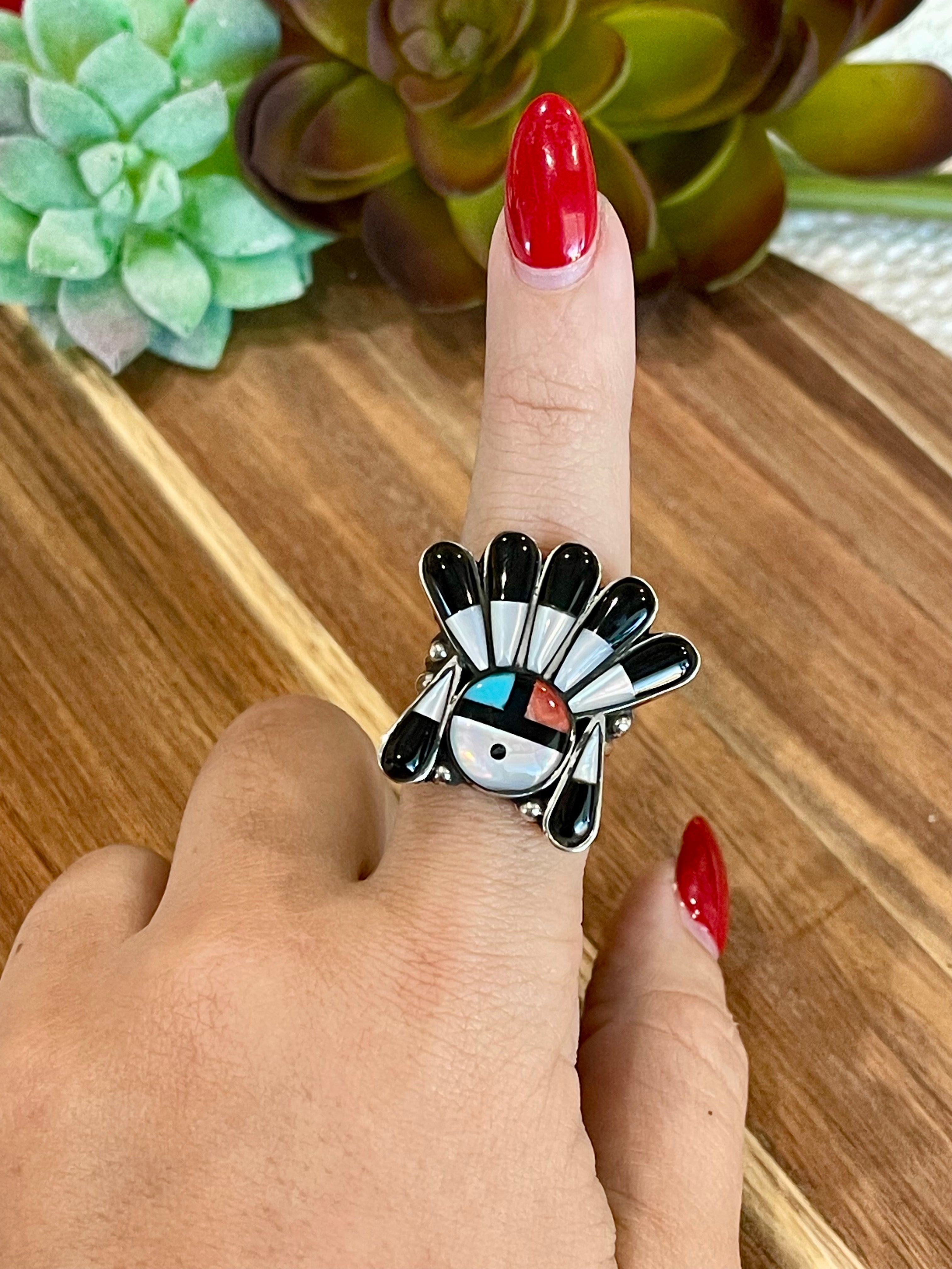 Handmade Multi Stone Southwestern Sunface And Sterling Silver Adjustable Ring