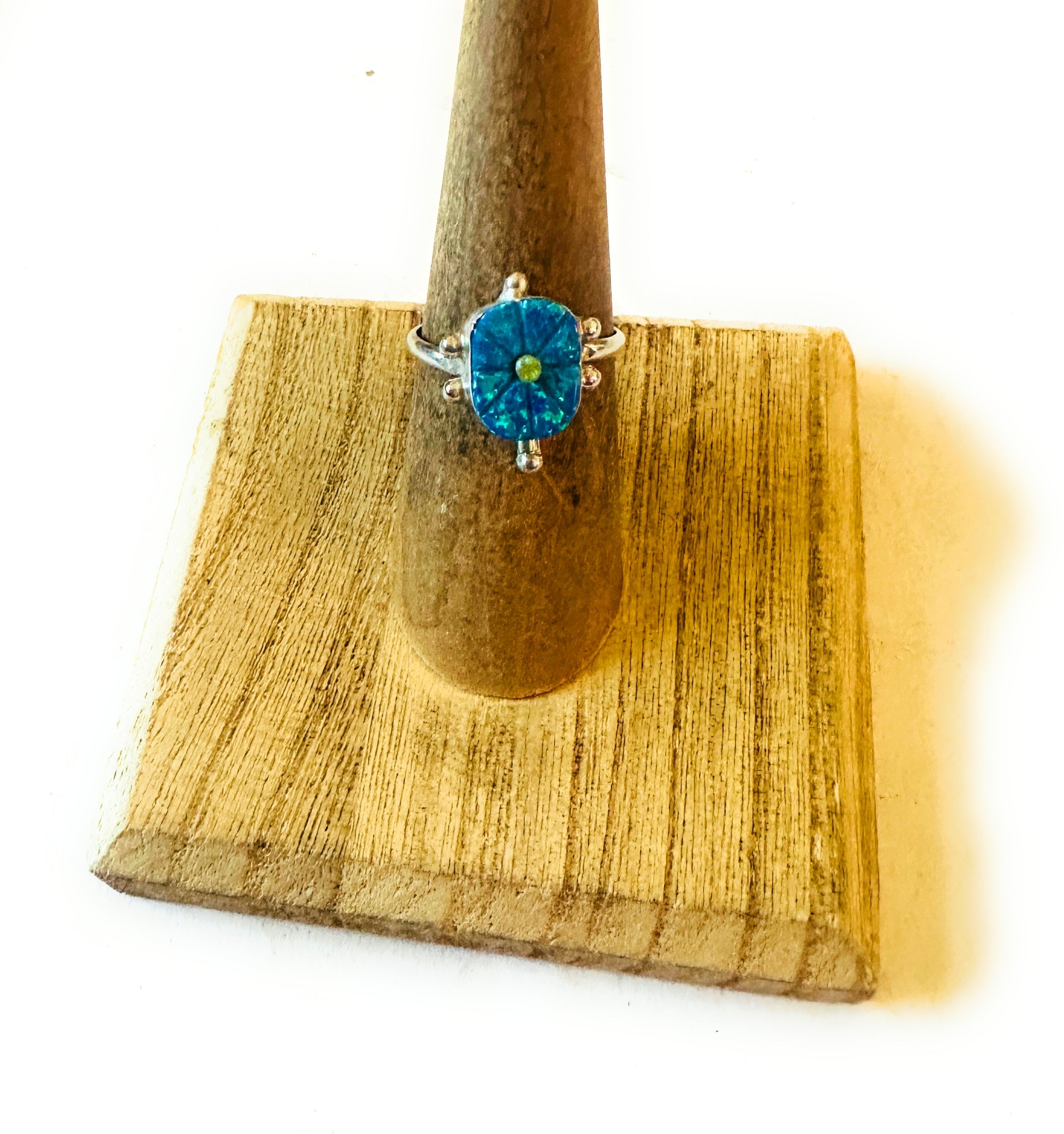 Handcrafted Sterling Silver & Blue and Yellow Opal Turtle Ring Size 6