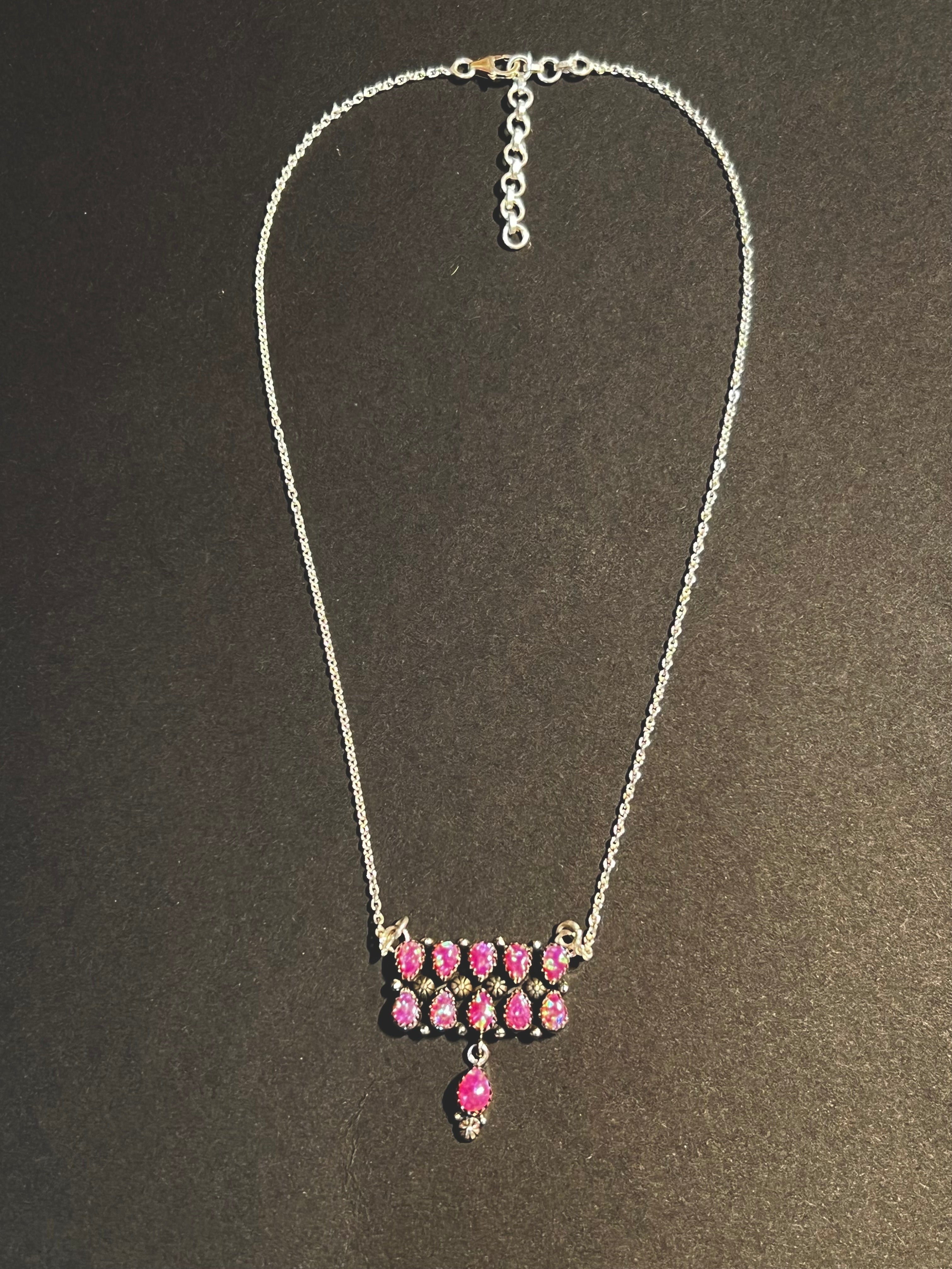 Handmade Sterling Silver & Fire Pink Opal Tear Drop Dangle, Bar Necklace