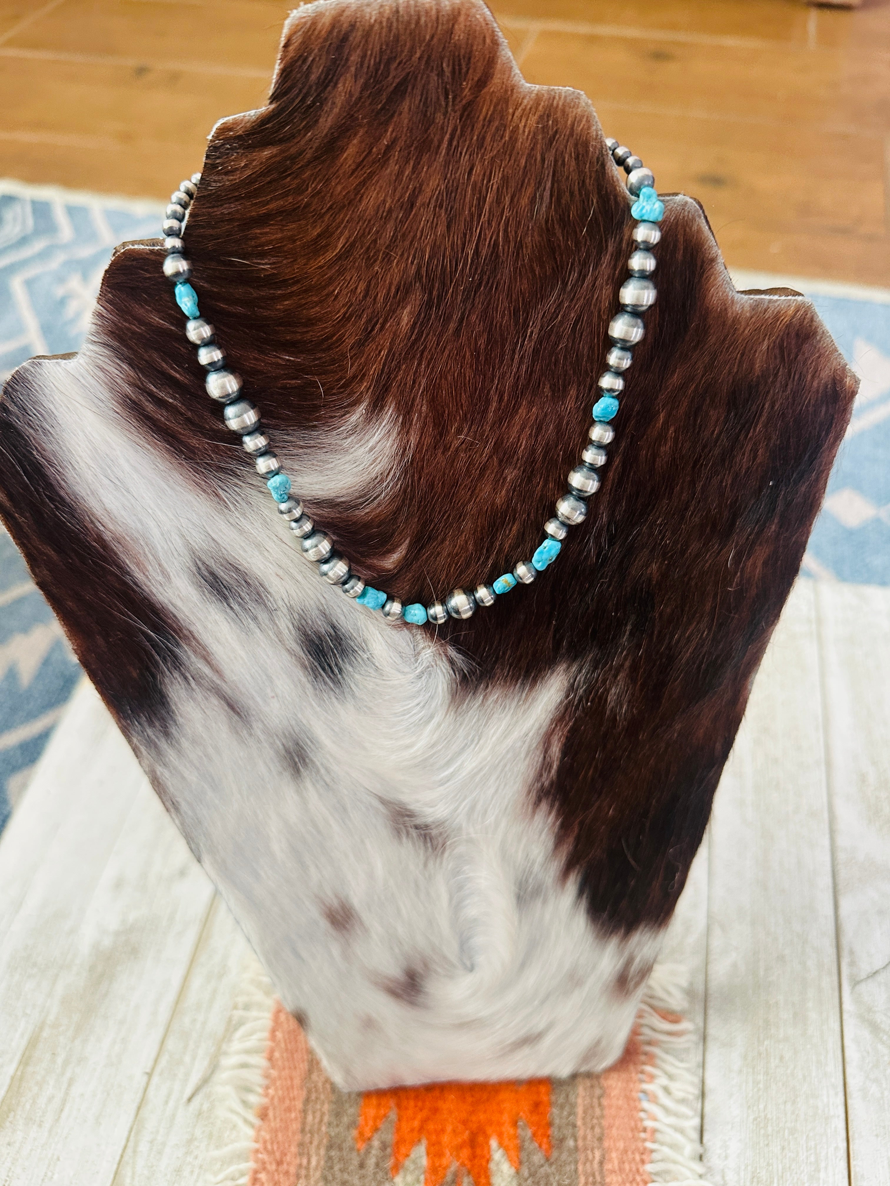 Handcrafted Turquoise & Sterling Silver Pearl 14” Beaded Necklace