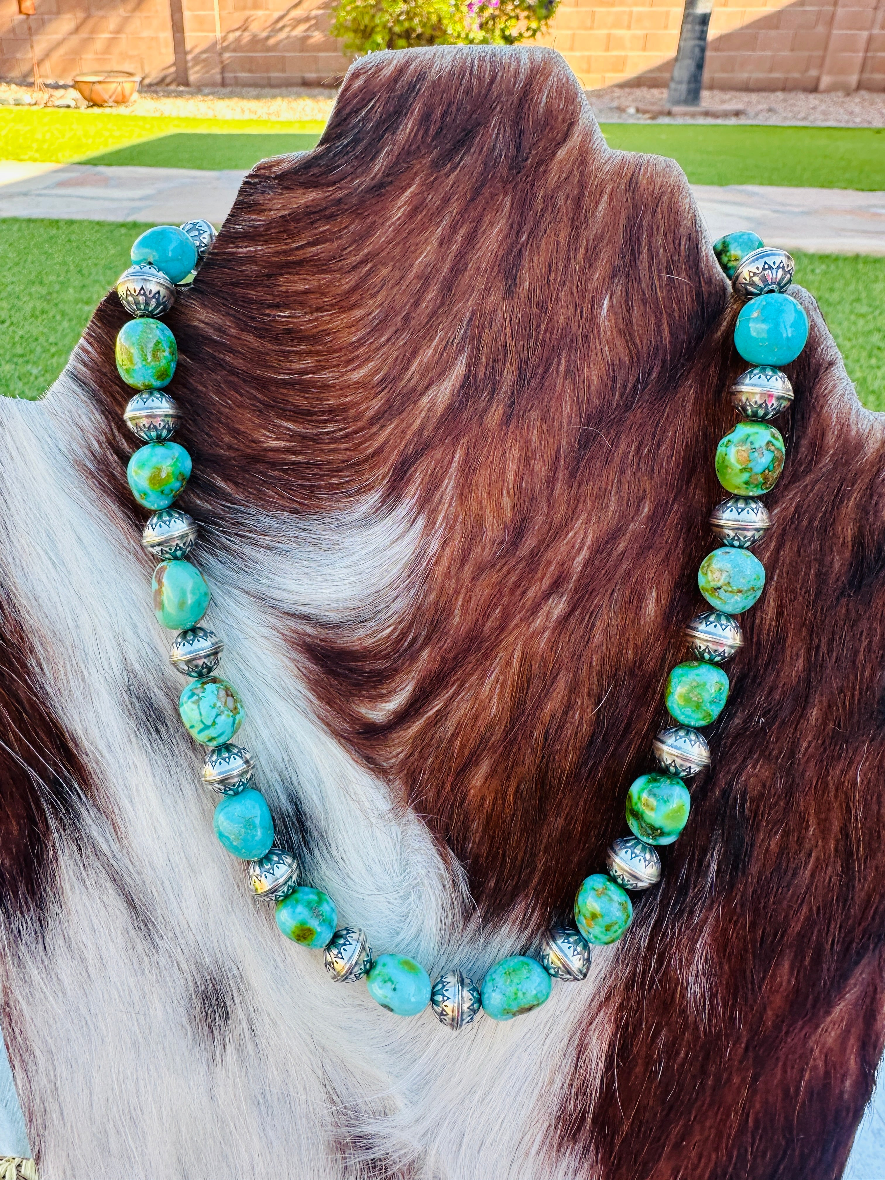 Handcrafted Sonoran Mountain Turquoise & Sterling Silver Pearl Beaded Necklace 16”